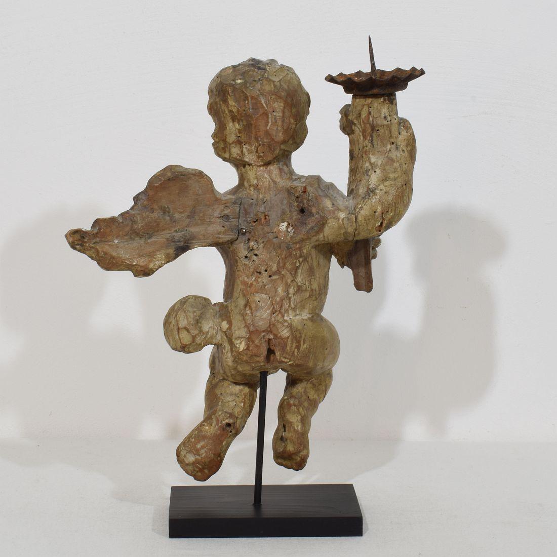 18th Century, French Carved Wood Baroque Angel with Candleholder For Sale 1