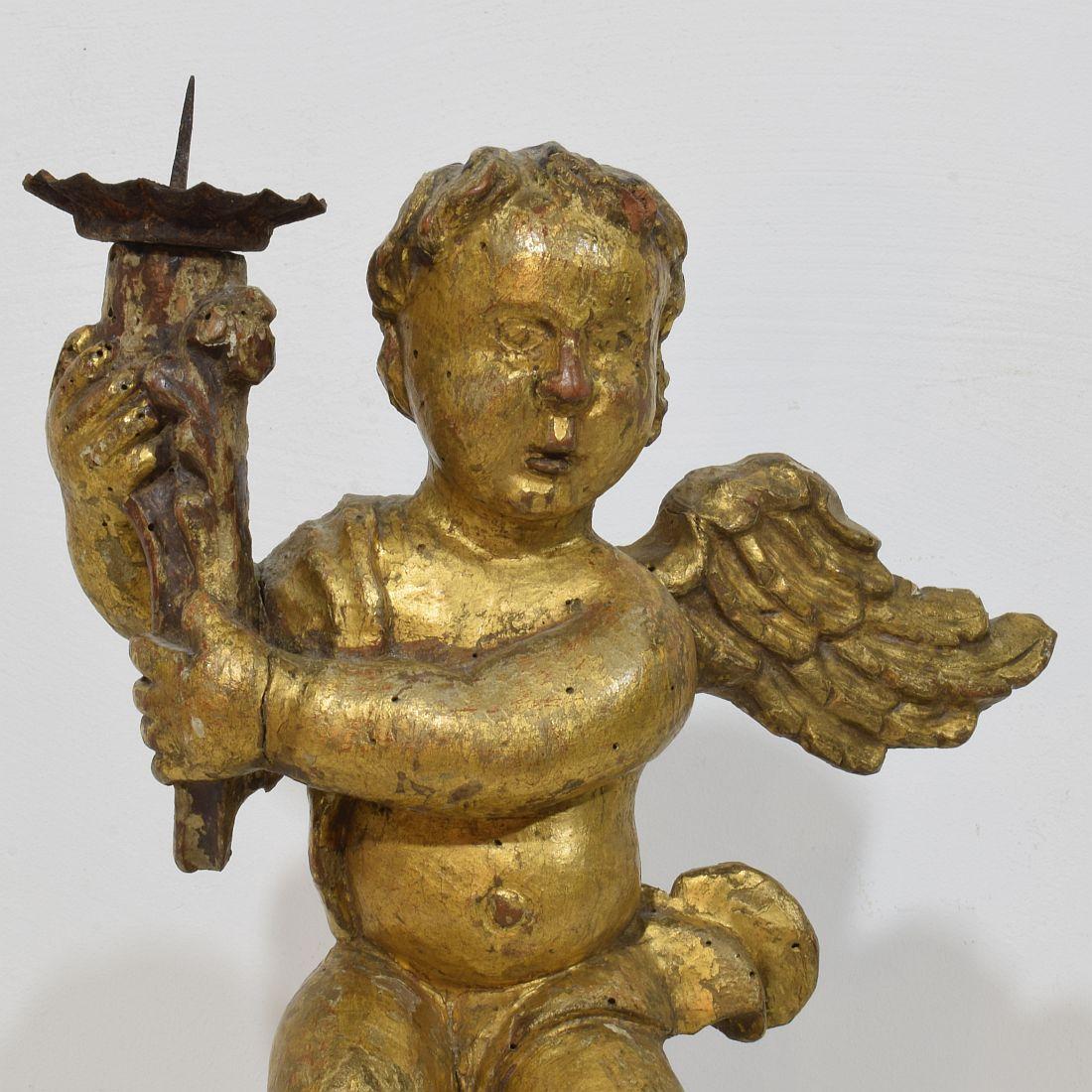 18th Century, French Carved Wood Baroque Angel with Candleholder For Sale 3