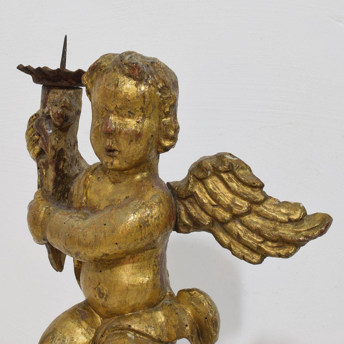 18th Century, French Carved Wood Baroque Angel with Candleholder For Sale 4
