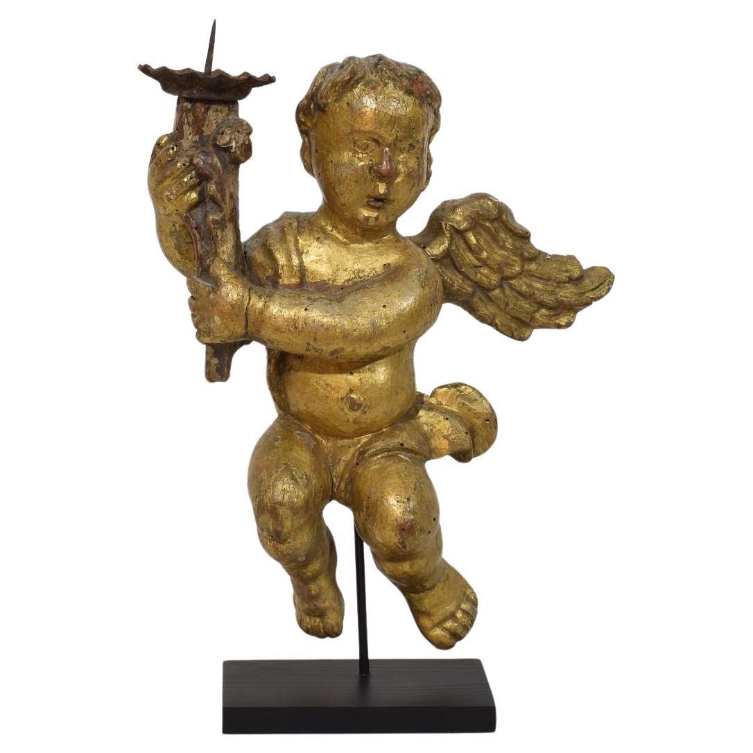 18th Century, French Carved Wood Baroque Angel with Candleholder For Sale