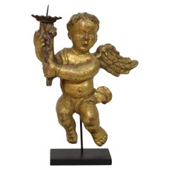 18th Century, French Carved Wood Baroque Angel with Candleholder