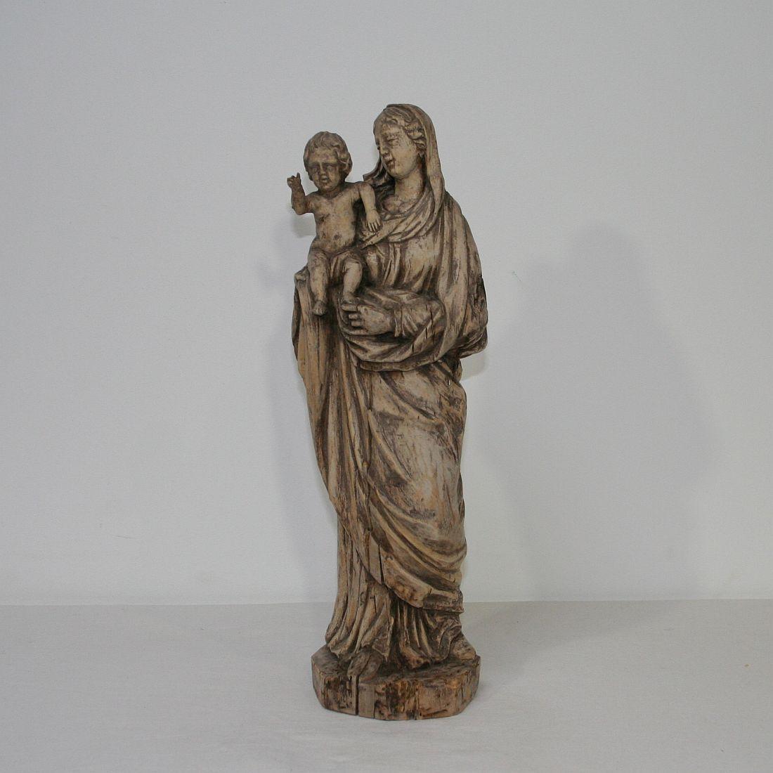 Hand-Carved 18th Century French Carved Wooden Madonna with Child