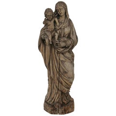 18th Century French Carved Wooden Madonna with Child