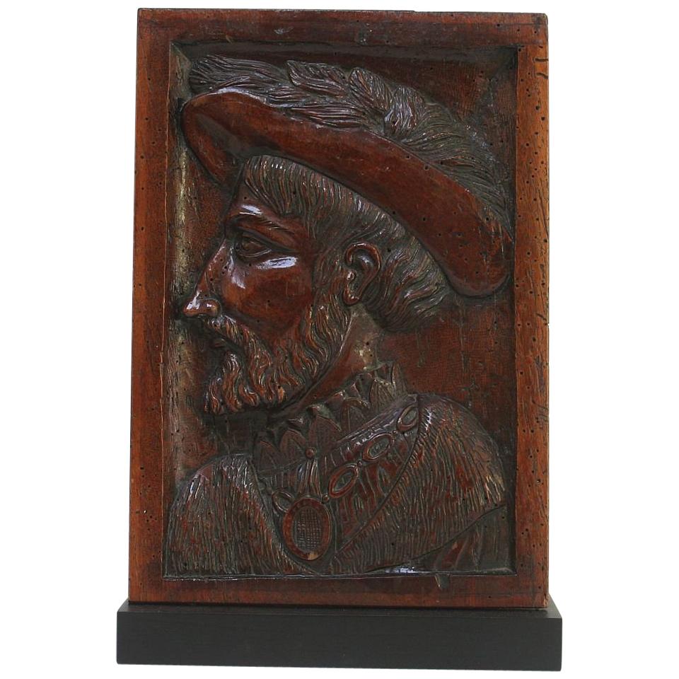 18th Century French Carved Wooden Panel with Portrait