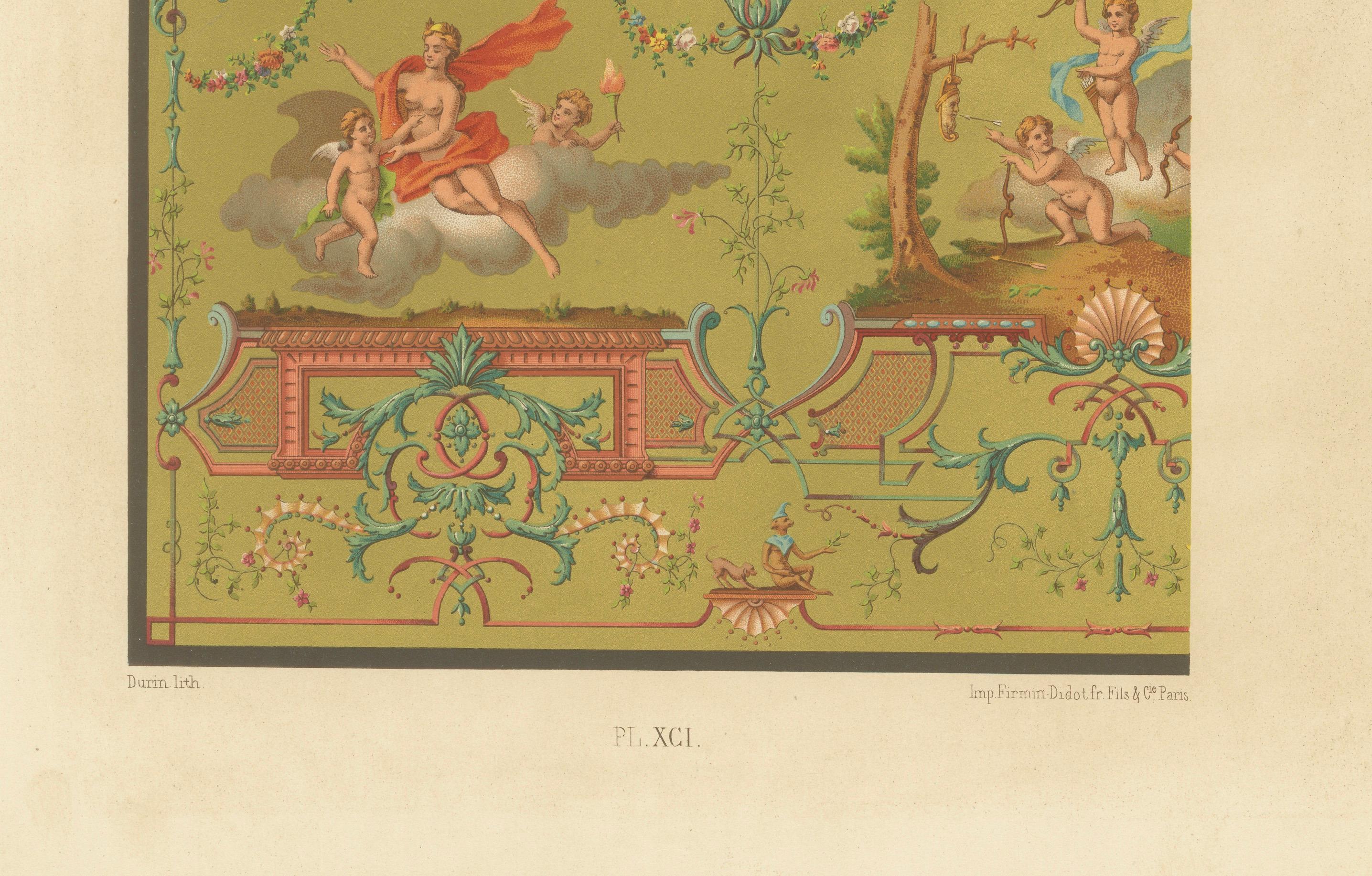 Plafond français du XVIIIe siècle - Fresque néoclassique et grotesques, planche XC

Cette élégante chromolithographie, planche XC de *L'Ornement Polychrome*, présente un exemple raffiné de décoration de plafond français du XVIIIe siècle exécutée