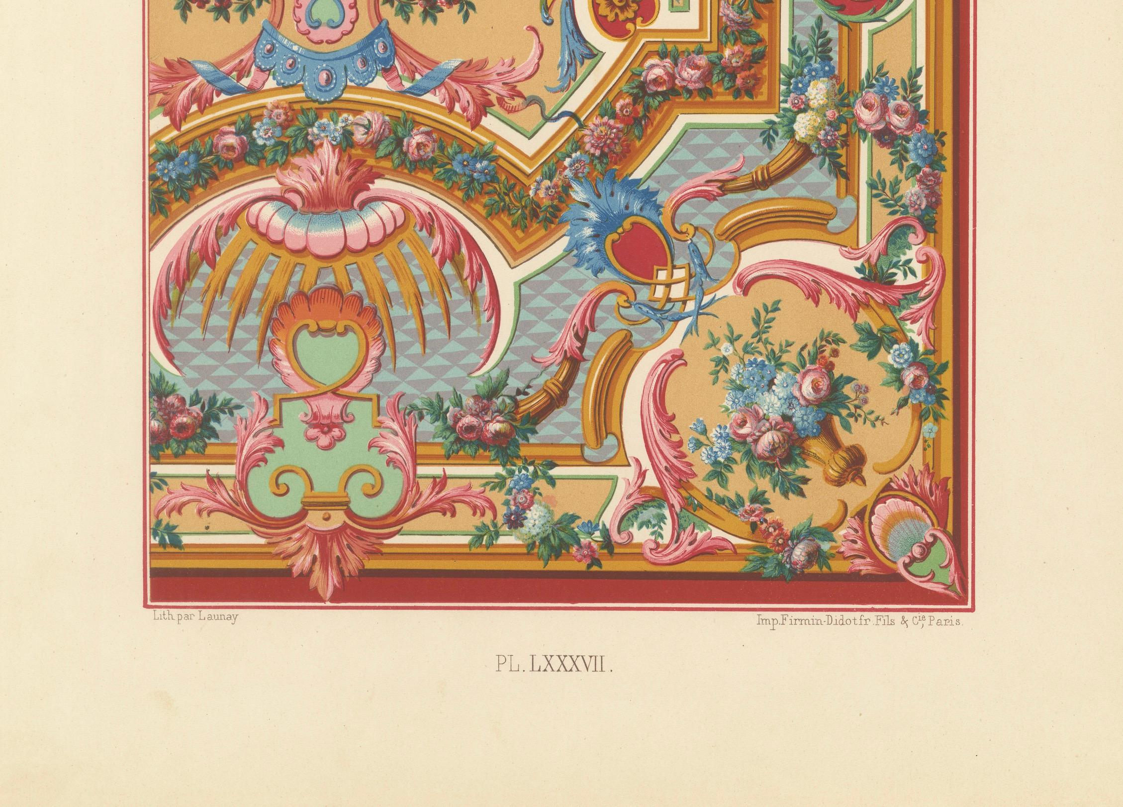 Plafond français du XVIIIe siècle - Ornement floral et architectural rococo, planche LXXXVII

Cette exubérante chromolithographie, planche LXXXVII de *L'Ornement Polychrome*, présente un exemple étonnant de décoration de plafond rococo français du