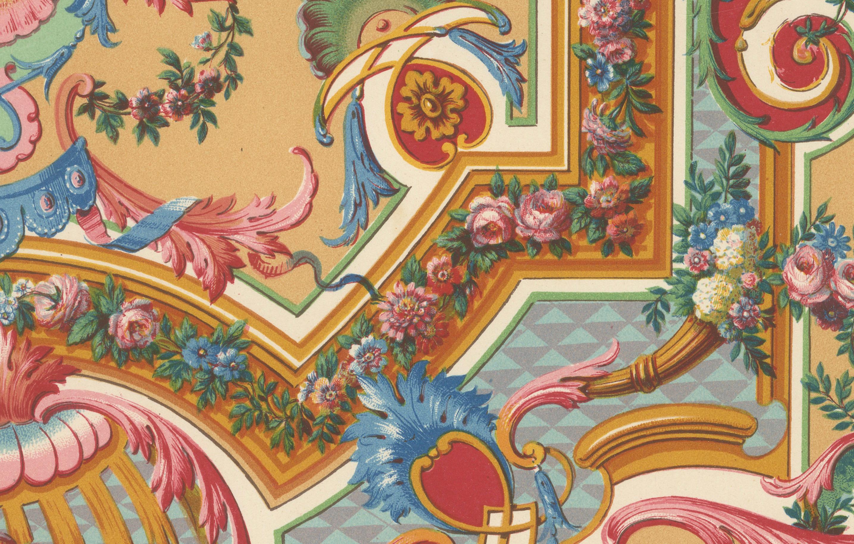 Plafond français du XVIIIe siècle - Ornement floral et architectural Rococo Bon état - En vente à Langweer, NL