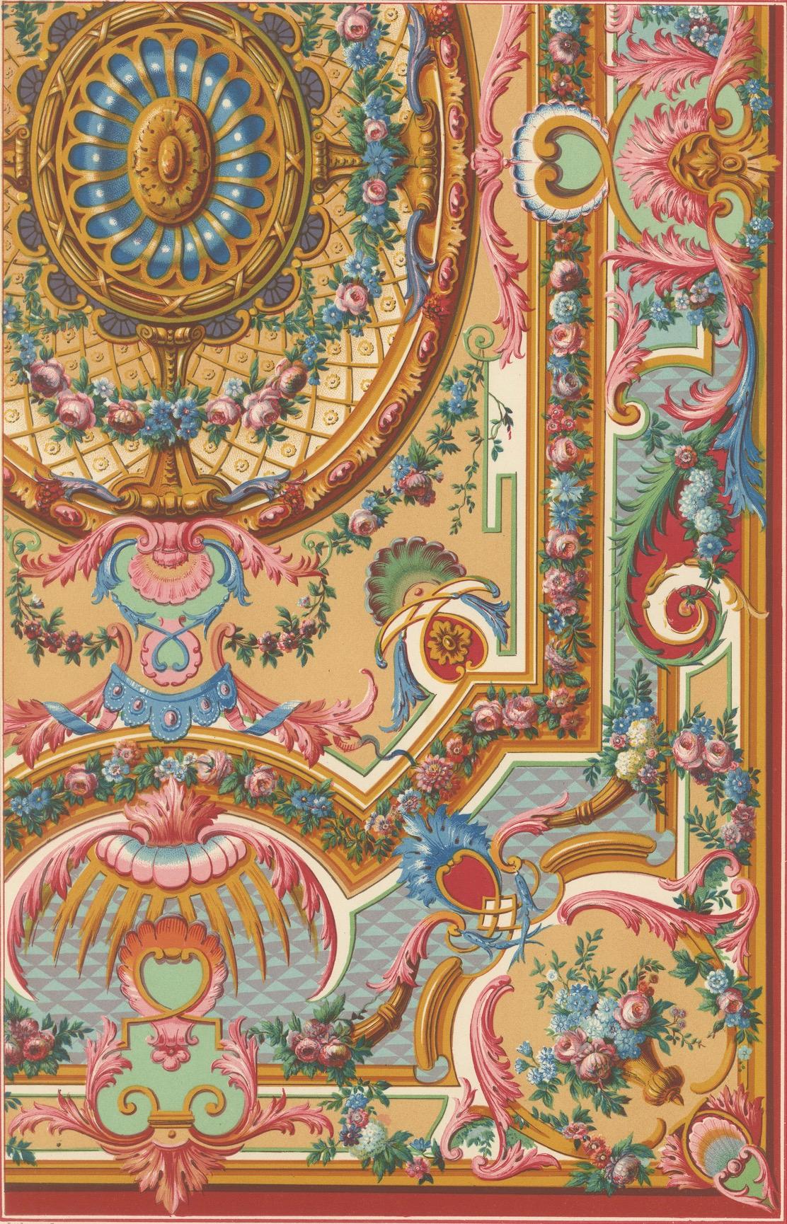 Papier Plafond français du XVIIIe siècle - Ornement floral et architectural Rococo en vente