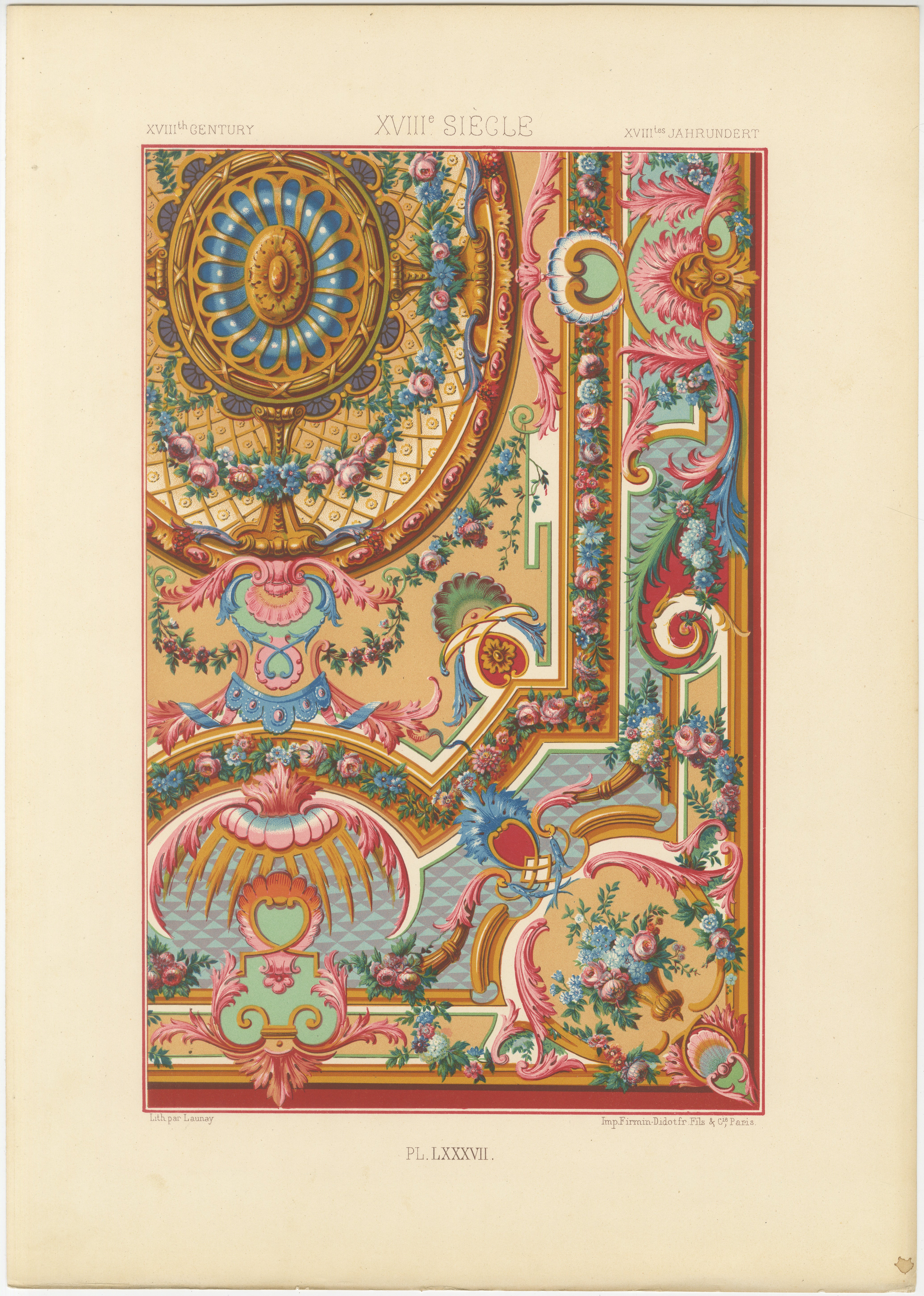 Plafond français du XVIIIe siècle - Ornement floral et architectural Rococo en vente