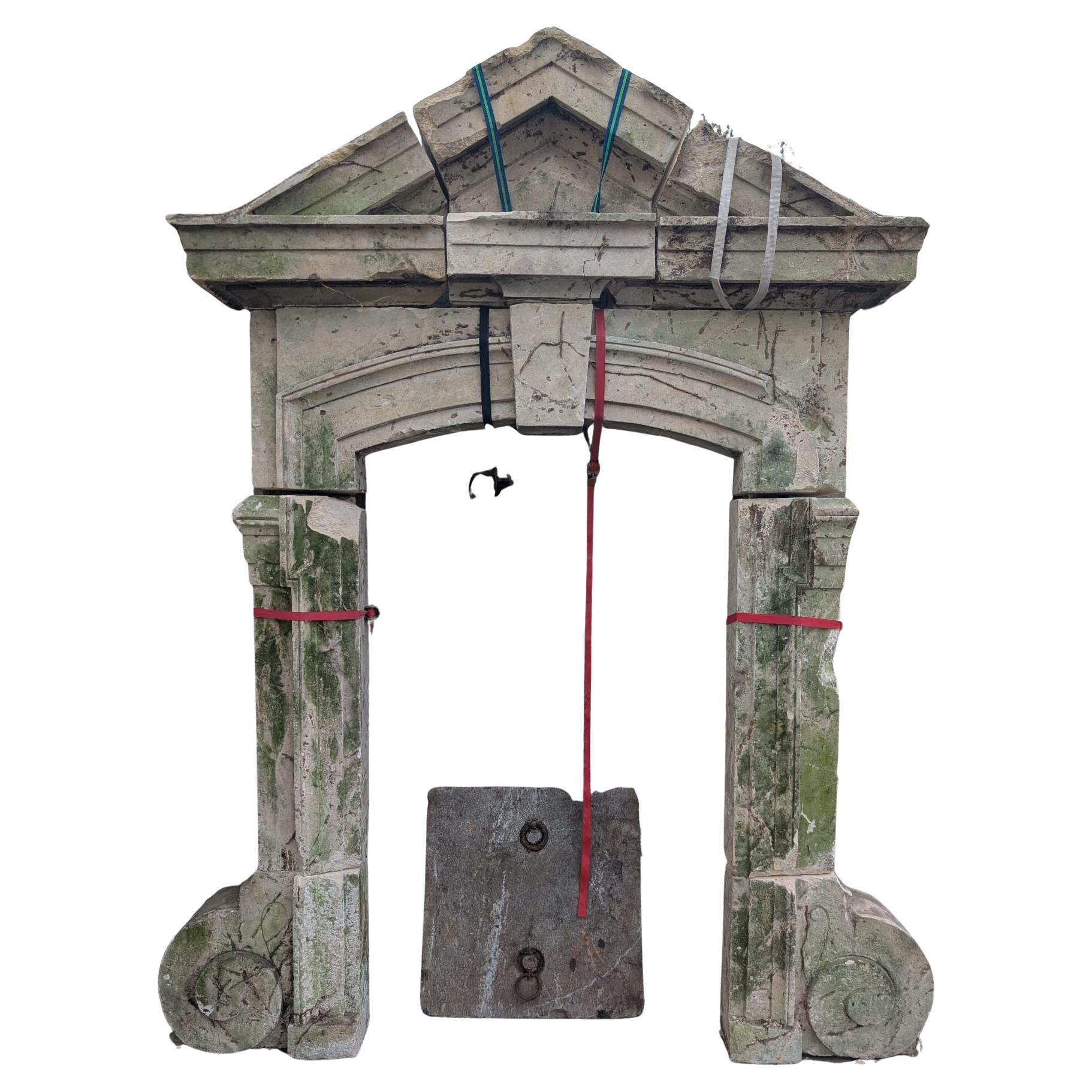 18th-Century French Château Limestone Arch with Pediment, circa 1750 For Sale
