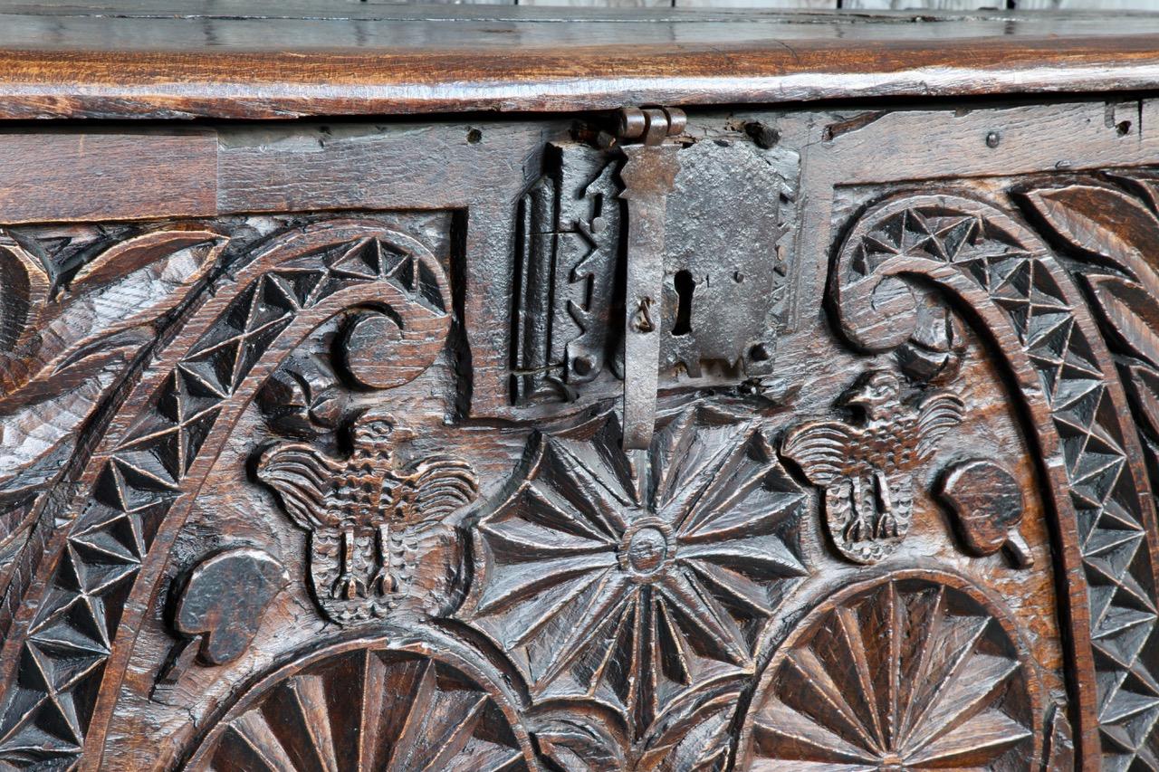 An 18th century chest made in oak from the South West of France, top opening with charming rustic hand carved depictions of birds of prey, the wheel of life and foliage. The piece has its original ornamental iron metal lock plate and hinges. As well