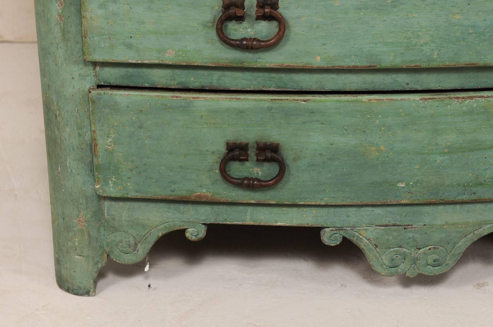 Carved 18th Century French Chest of Four Drawers with Hues of Sea Green Paint