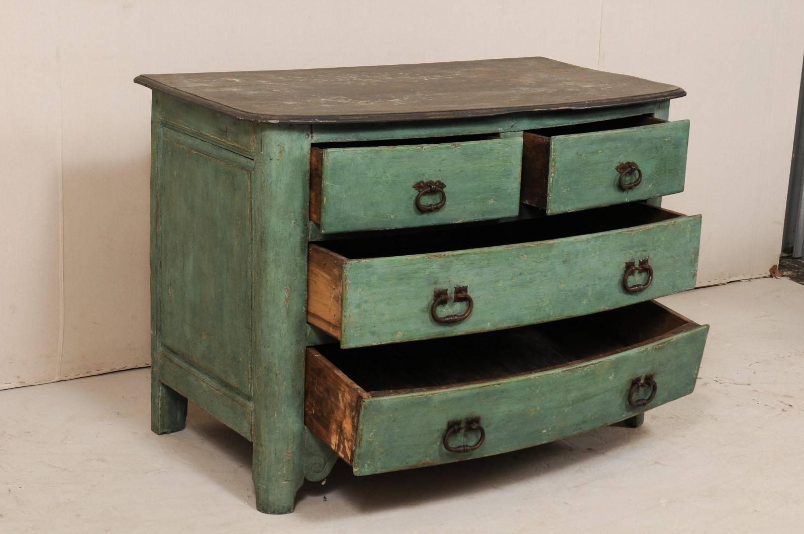 Iron 18th Century French Chest of Four Drawers with Hues of Sea Green Paint