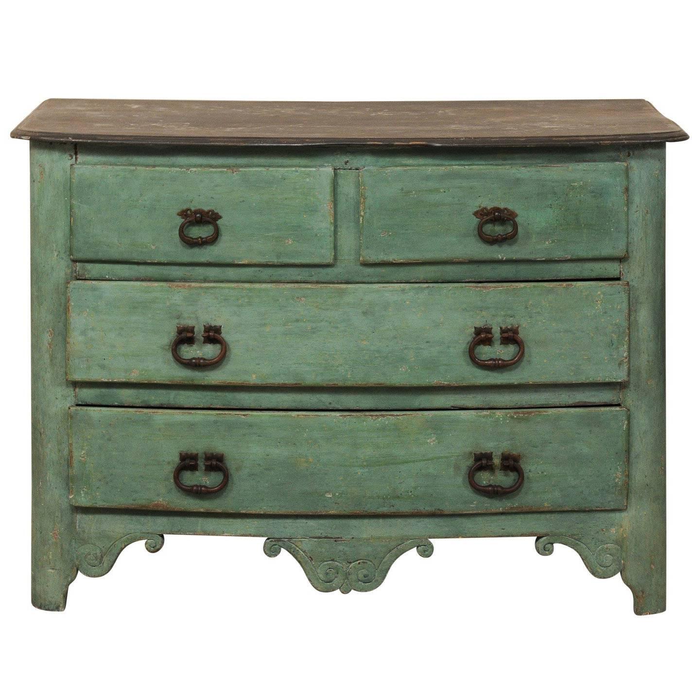 18th Century French Chest of Four Drawers with Hues of Sea Green Paint