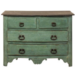 Antique 18th Century French Chest of Four Drawers with Hues of Sea Green Paint