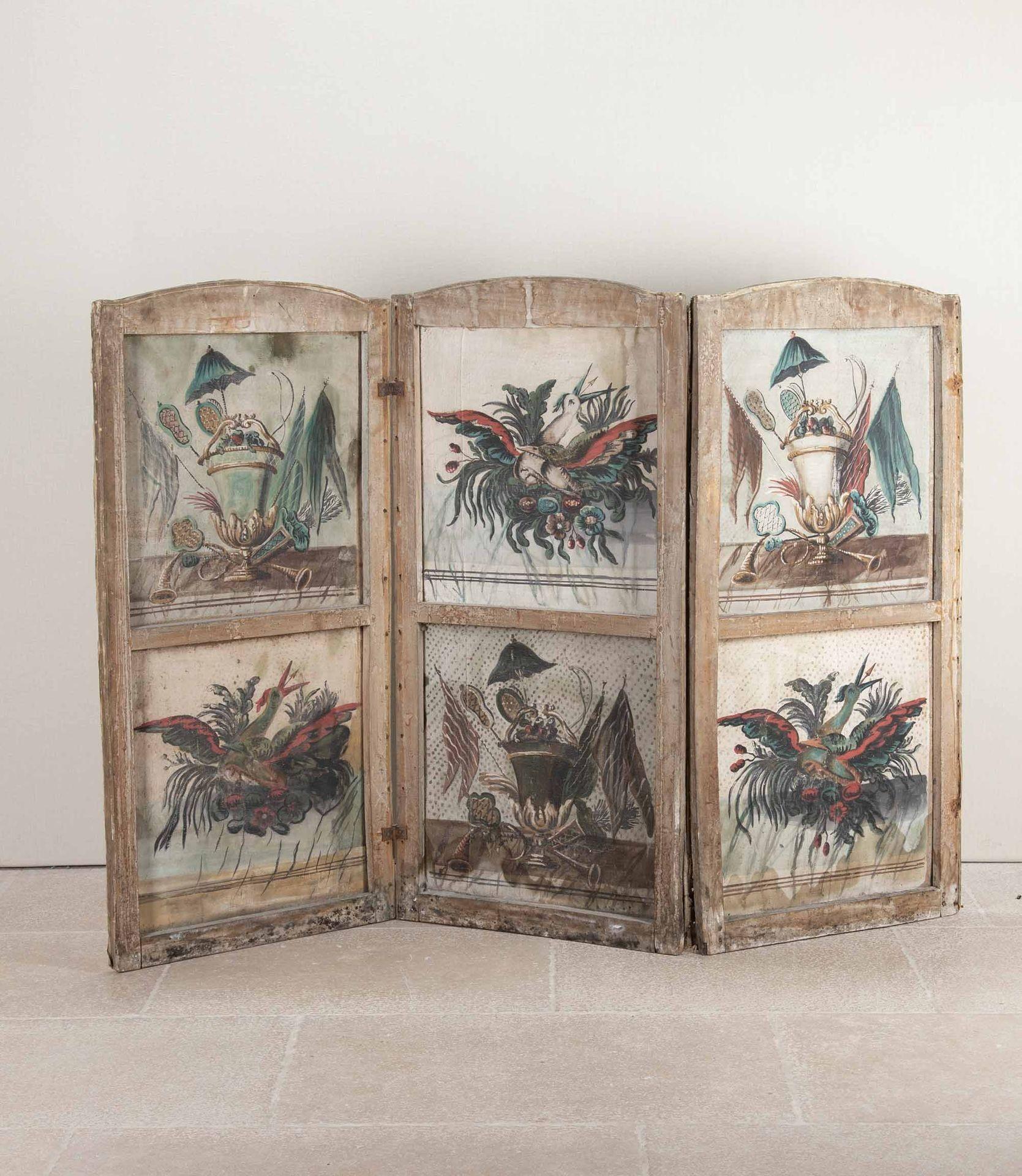 Wonderful 18th Century French three panel canvas screen in hand painted Chinoiserie decoration. Decorated on both sides. Each panel is 65cm wide.