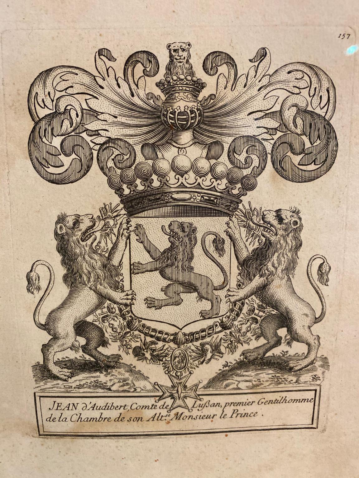 Original coat of arms peerage etching of Jean D'Audibert, Comte de Lussan artfully floated within a giltwood frame.

Framing measures 12 x 15 x 1 5/8 inches with museum glass.

