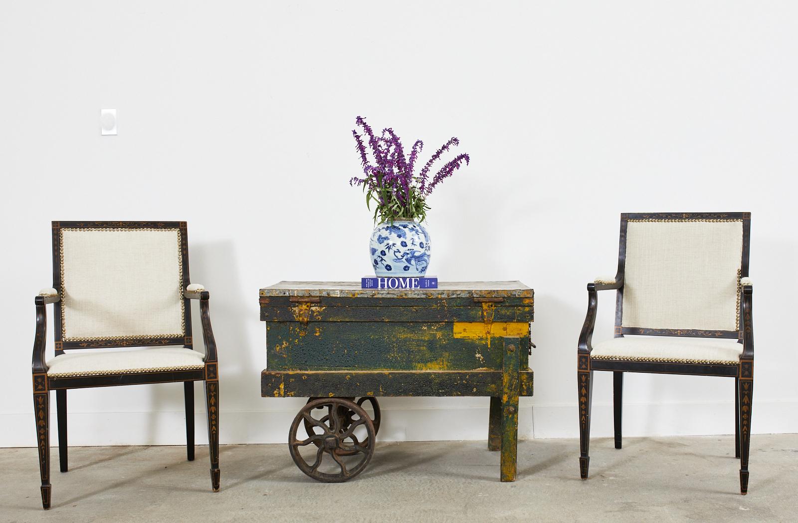 Whimsical 18th century French provincial vendor cobbler's cart featuring a zinc top painted by Ira Yeager (American 1938-2022) for his gallery in Calistoga, CA. Beloved Francophile, Yeager enjoyed painting antique French provincial furniture with