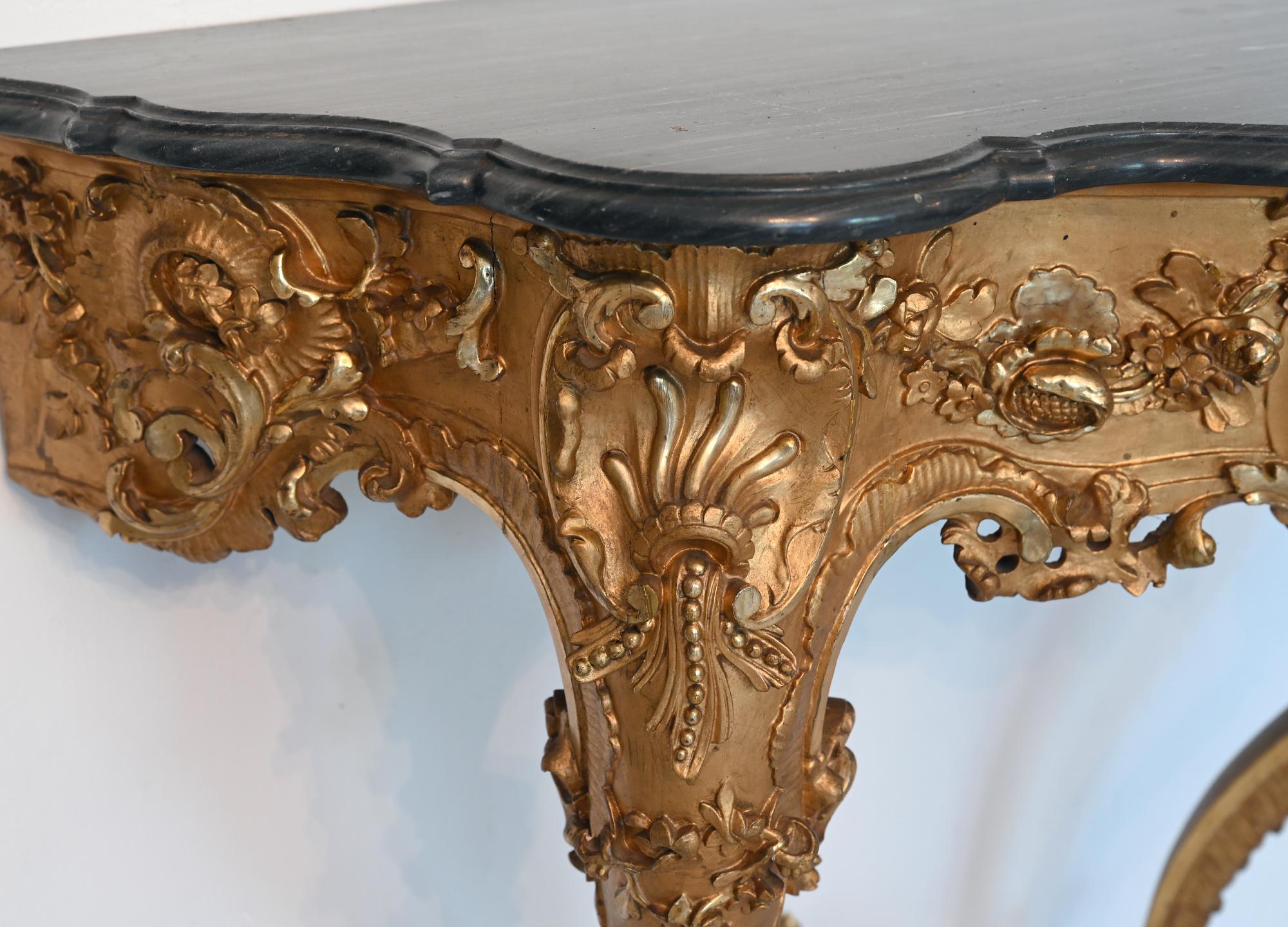 Rococo 18th Century French Console Table Rocaille Cabriole Legs Flowers Leafs For Sale