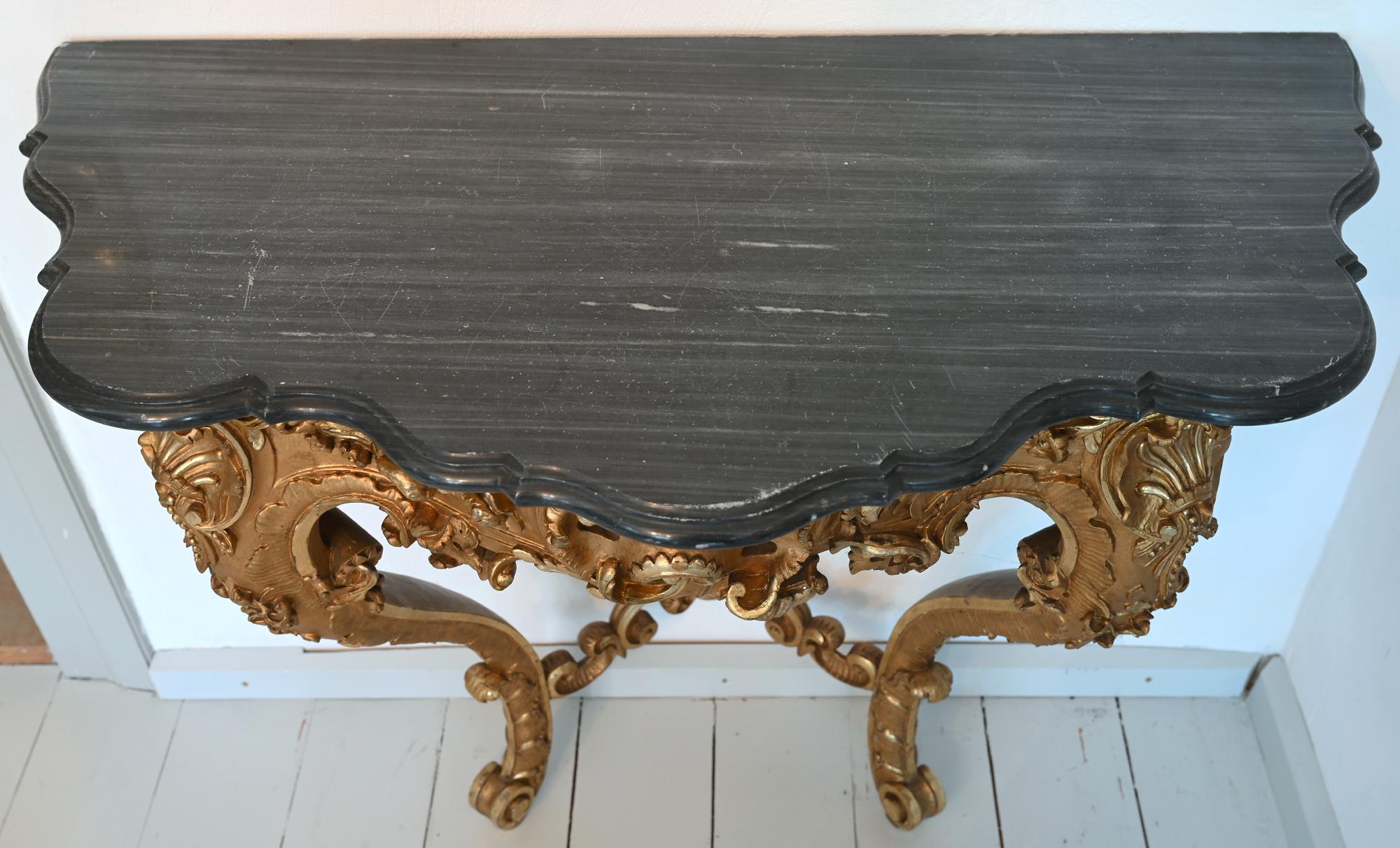 Gilt 18th Century French Console Table Rocaille Cabriole Legs Flowers Leafs For Sale