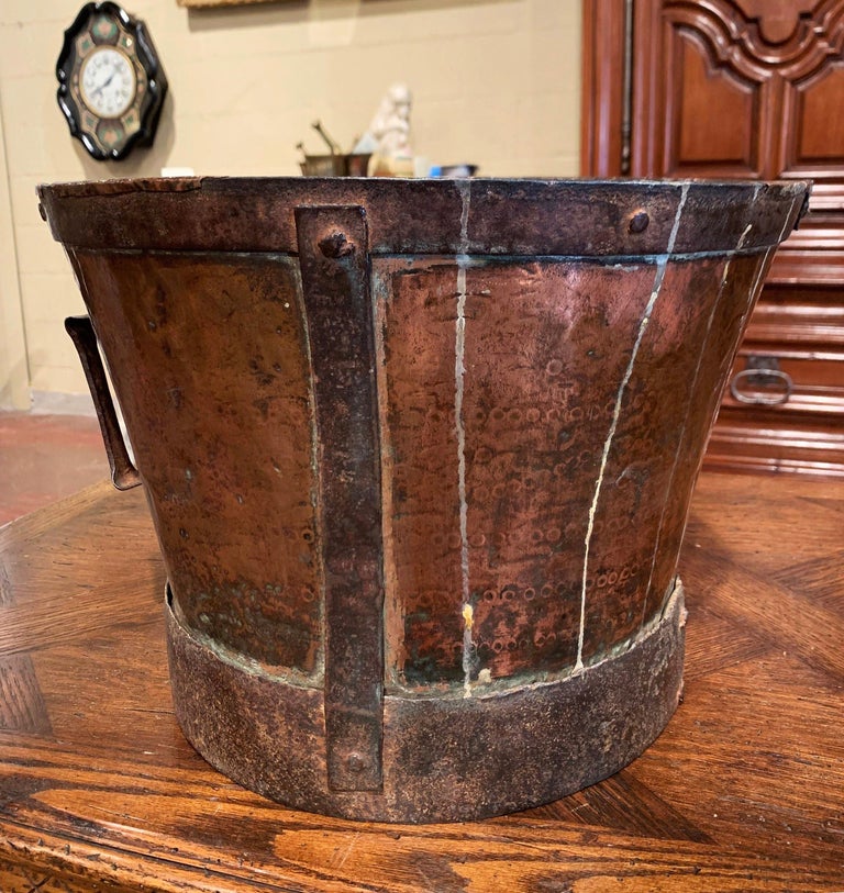 Country 18th Century French Copper and Iron Grain Measure Bucket with Side Handles For Sale