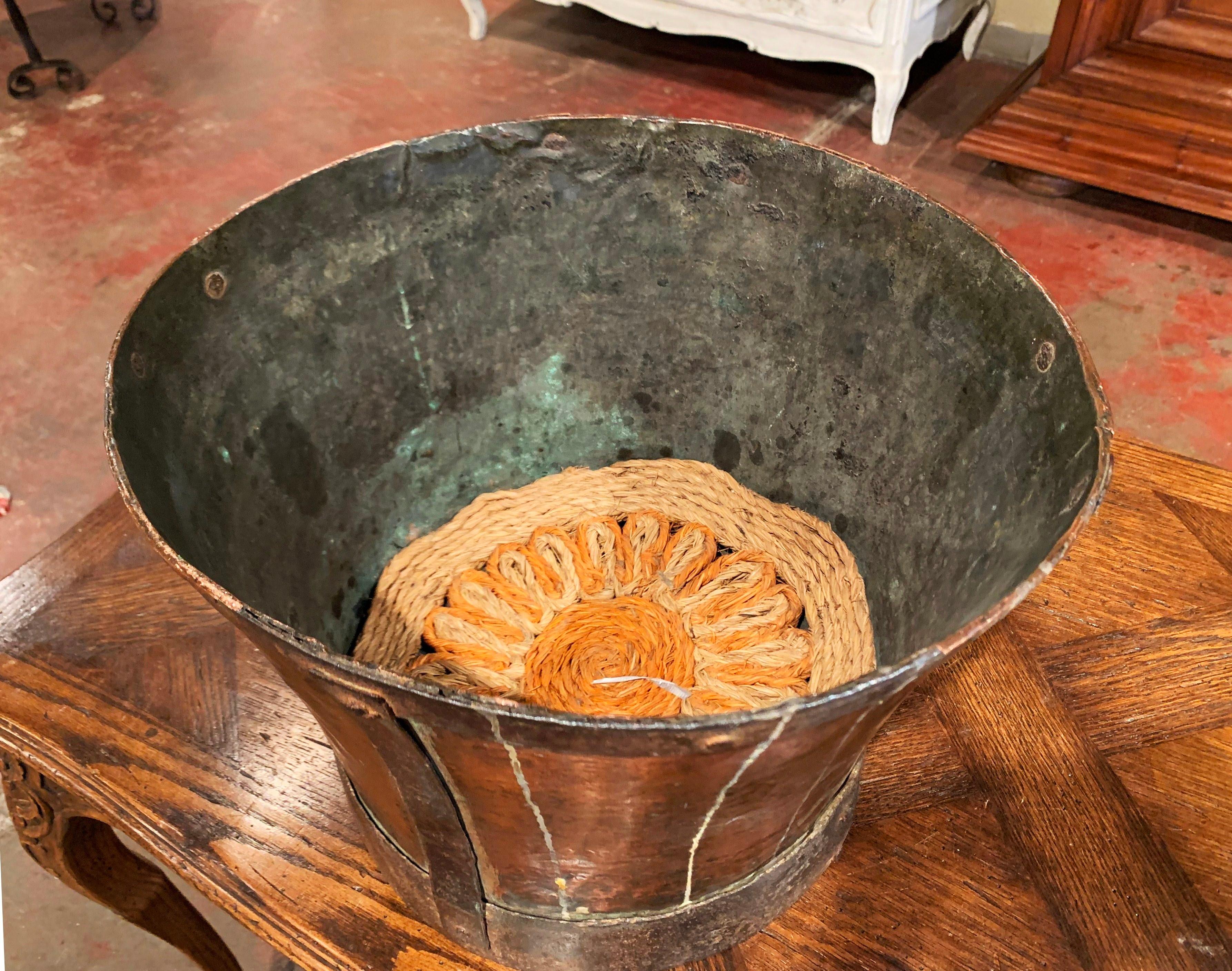 Country 18th Century French Copper and Iron Grain Measure Bucket with Side Handles