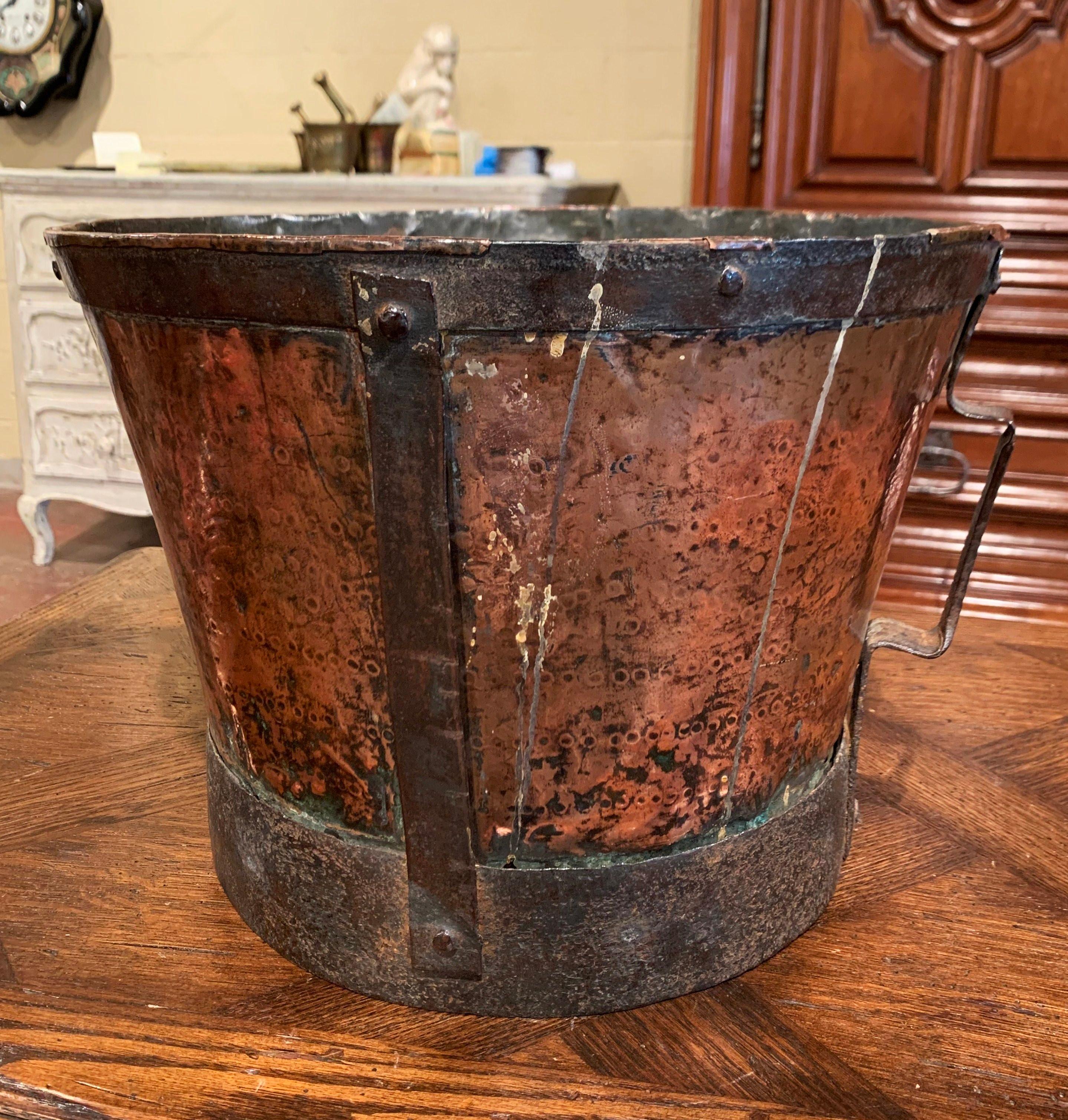 Polished 18th Century French Copper and Iron Grain Measure Bucket with Side Handles