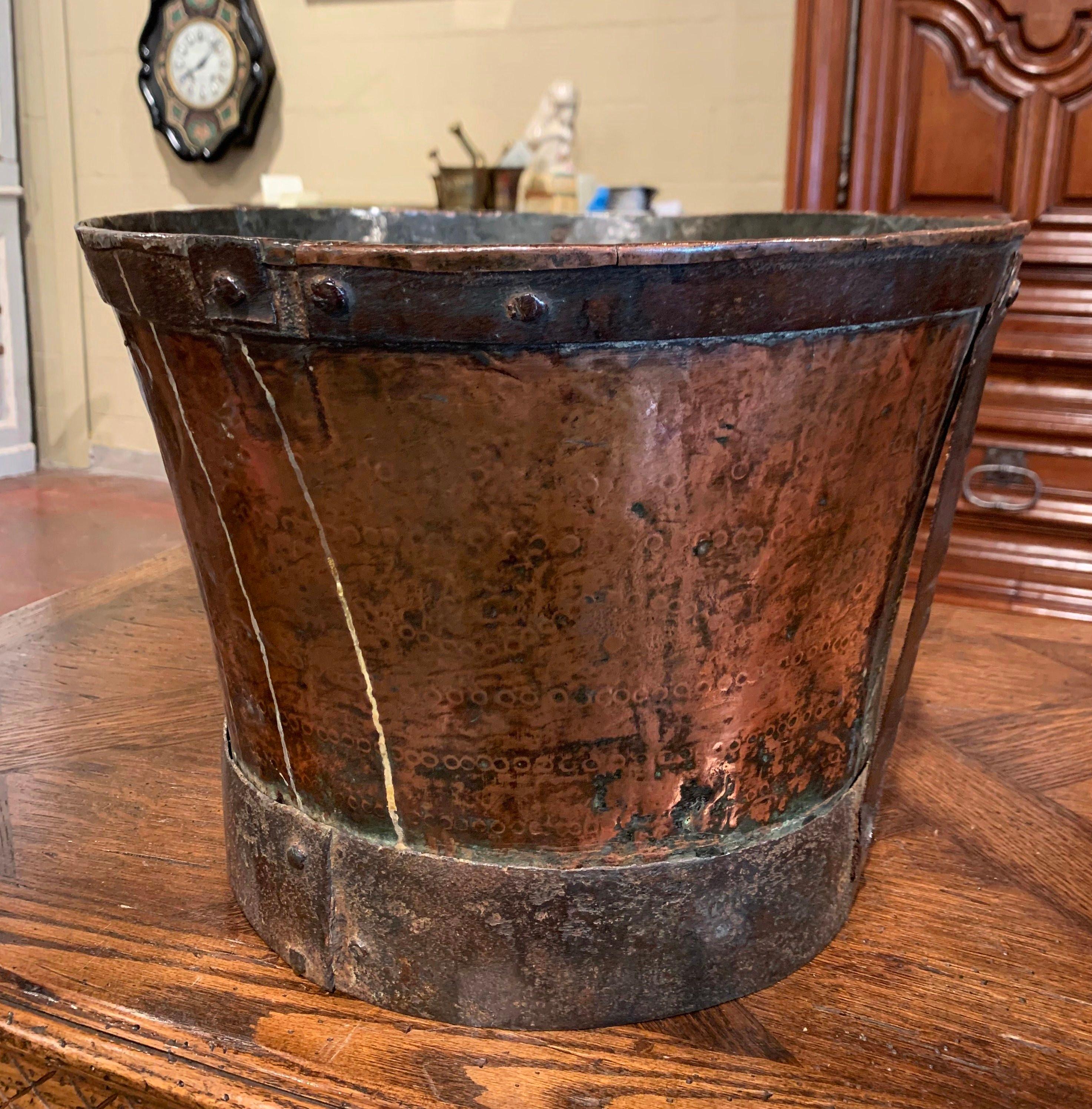 18th Century French Copper and Iron Grain Measure Bucket with Side Handles 1