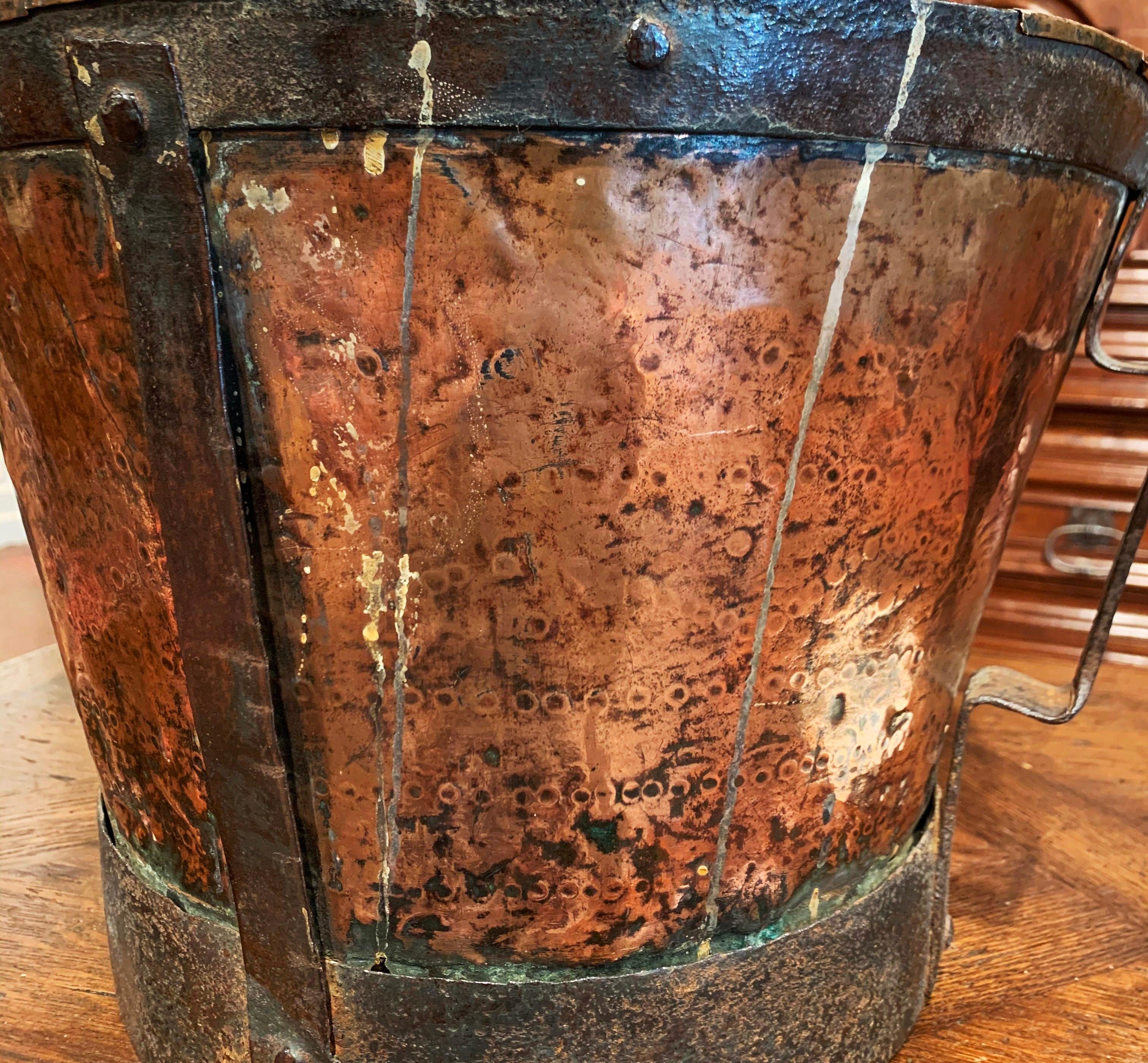 18th Century French Copper and Iron Grain Measure Bucket with Side Handles 2