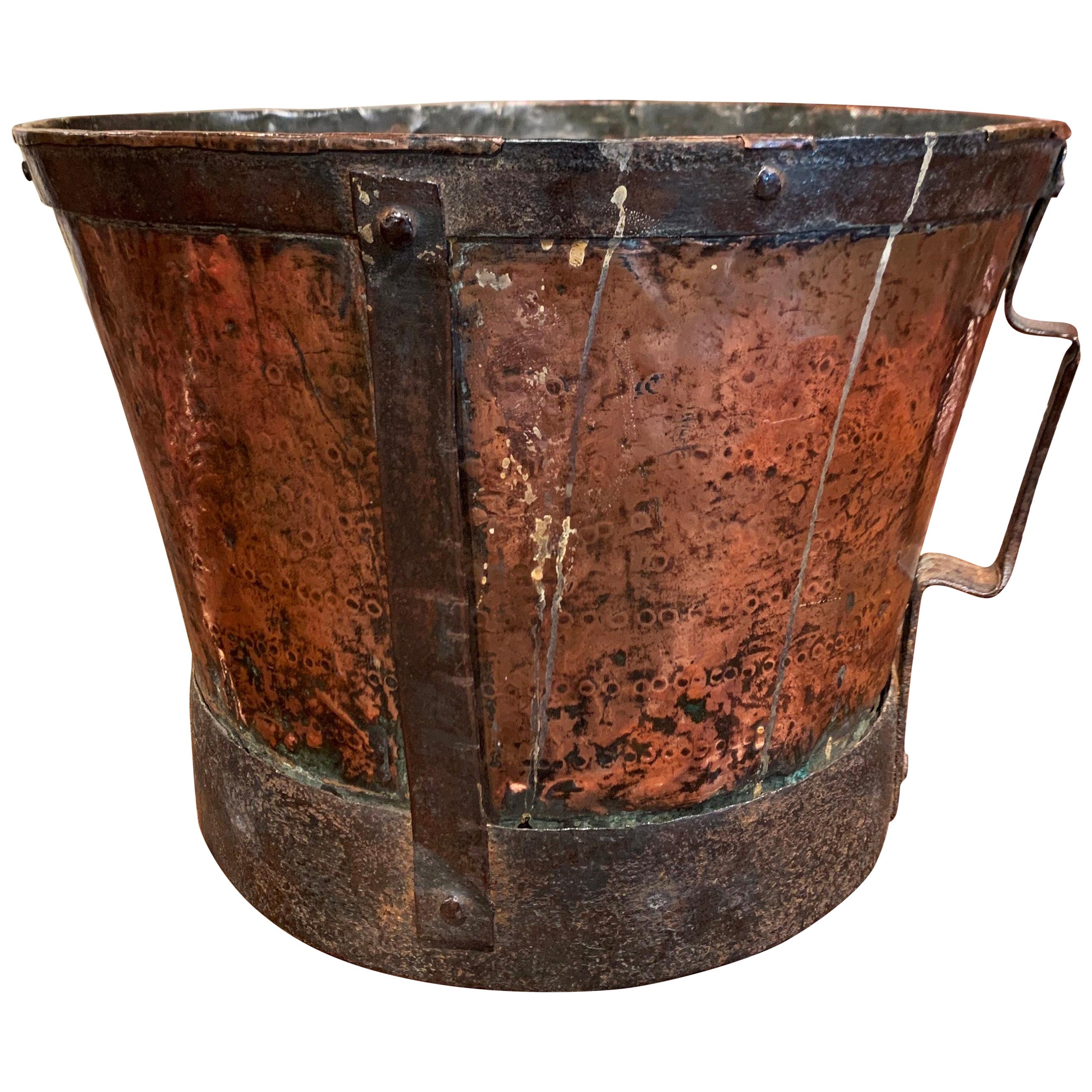 18th Century French Copper and Iron Grain Measure Bucket with Side Handles