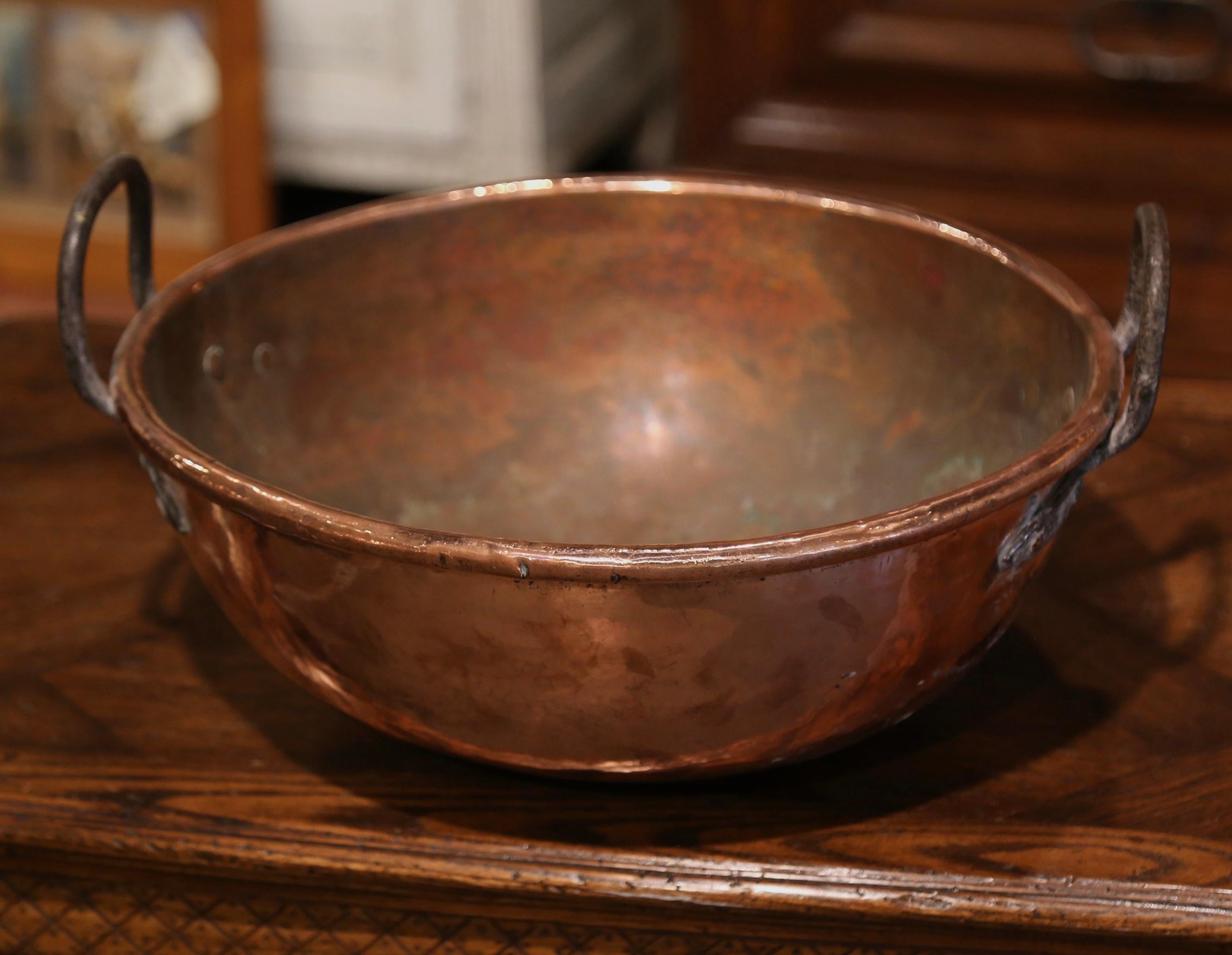 Country 18th Century French Copper Jelly and Jam Boiling Bowl with Iron Handles