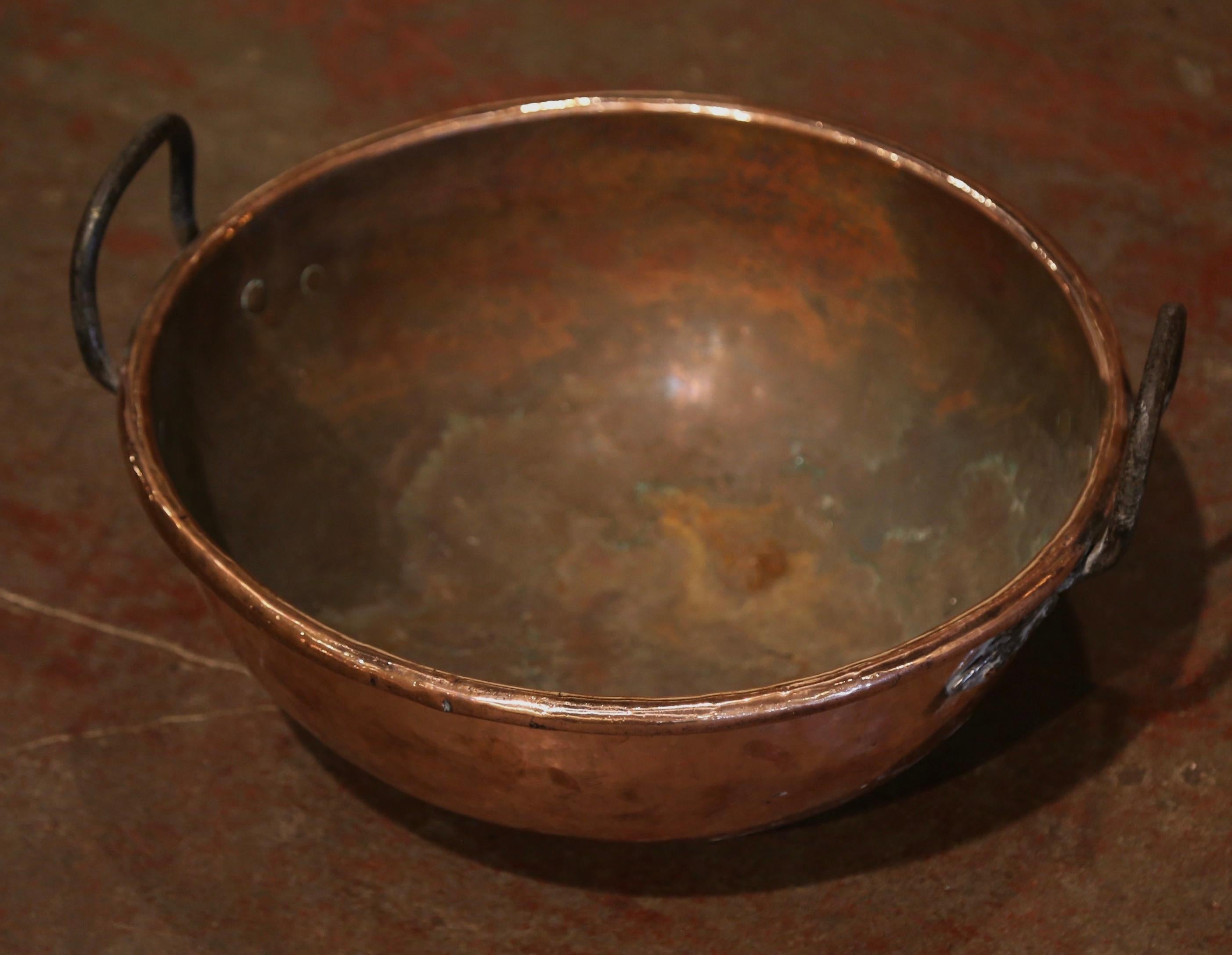 18th Century French Copper Jelly and Jam Boiling Bowl with Iron Handles In Excellent Condition In Dallas, TX
