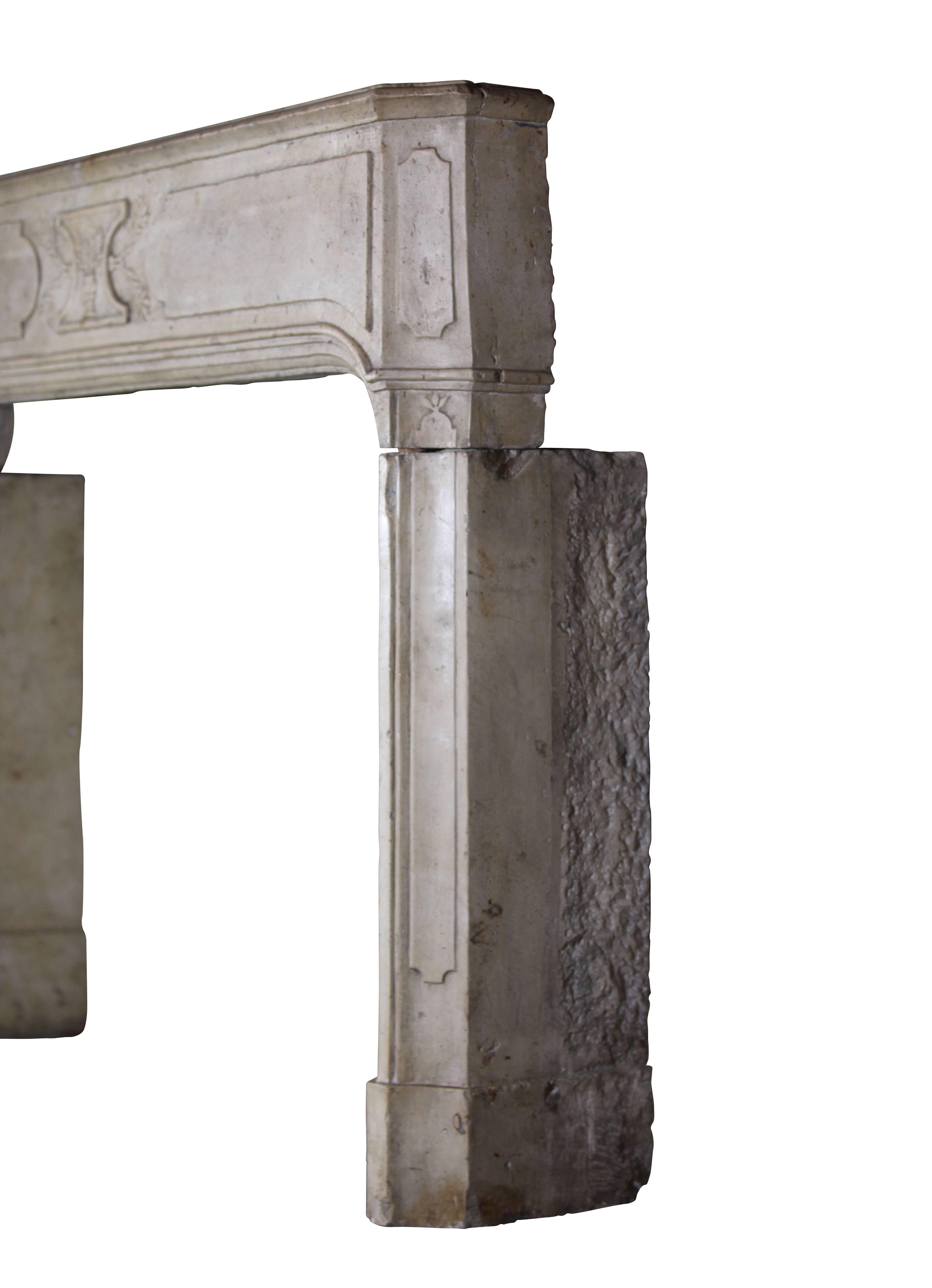 Carved 18th Century French Country Hard Limestone Antique Fireplace Surround For Sale