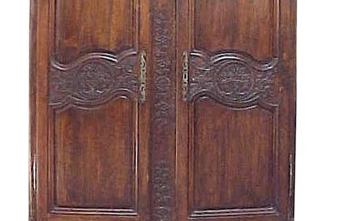 Louis XV 1700s French Country Highly Carved Walnut Wedding Armoire-Provenance For Sale