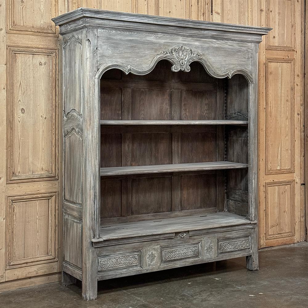 18th Century French Country Louis XIV Open Whitewashed Bookcase ~ Bibliotheque is a stunning example of the rural artisans mastery of cabinetmaking!  Crafted from dense, old-growth oak using time-honored traditional methods like pegged mortise &