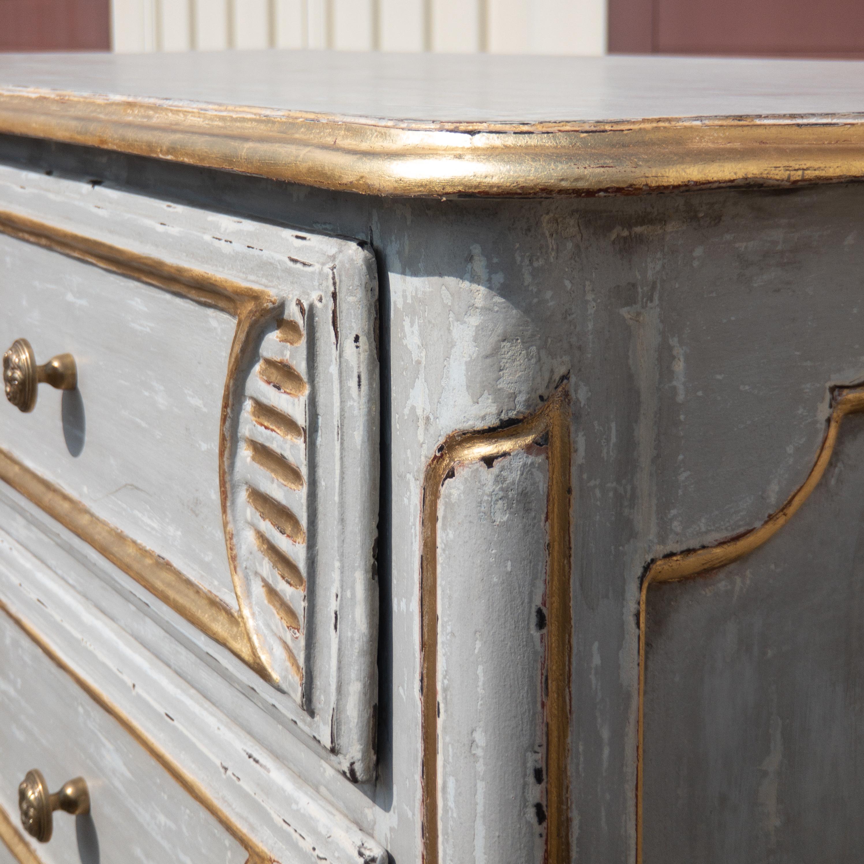 Hand-Carved 18th Century French Country Provincial Grey White and Gold Painted Commode For Sale