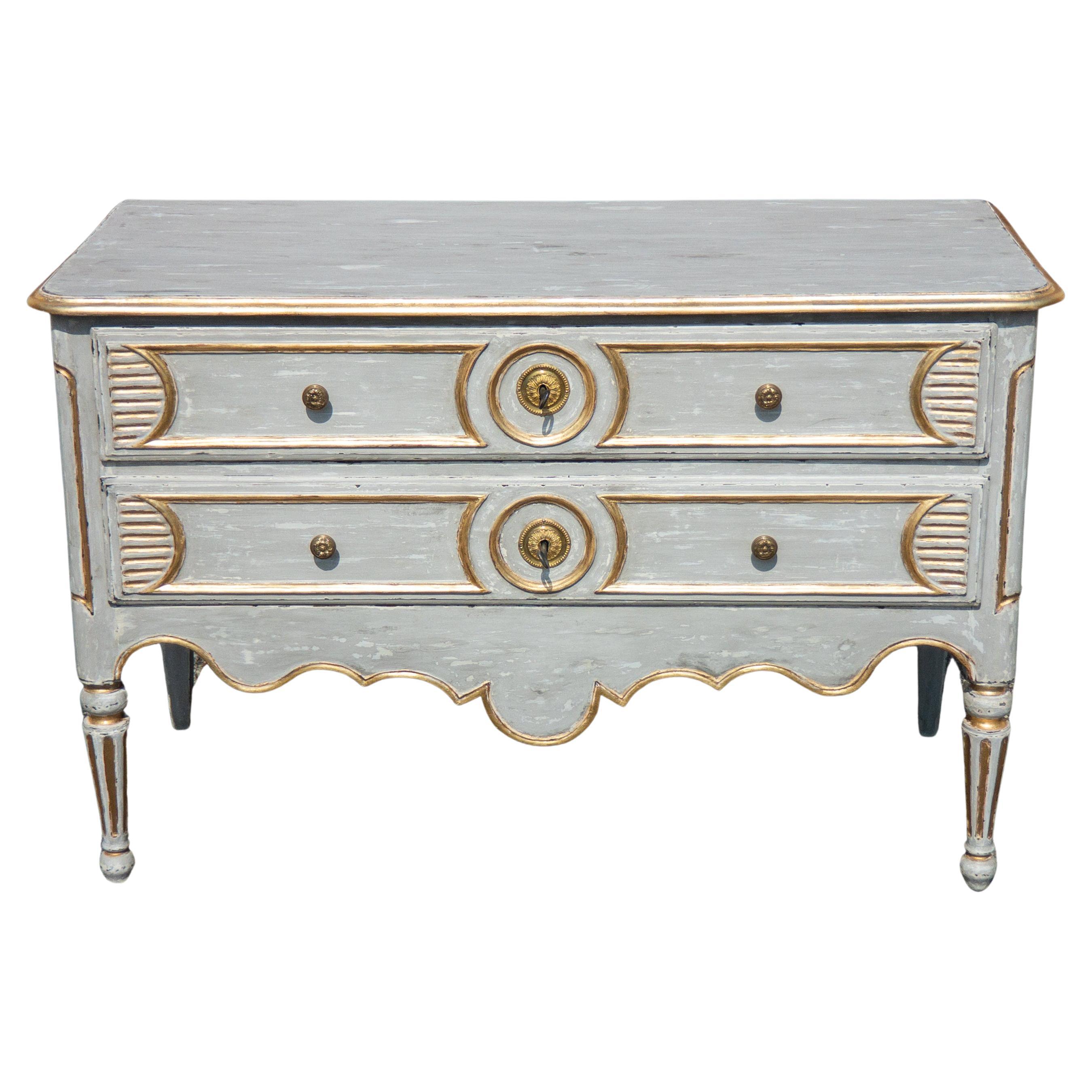 18th Century French Country Provincial Grey White and Gold Painted Commode For Sale