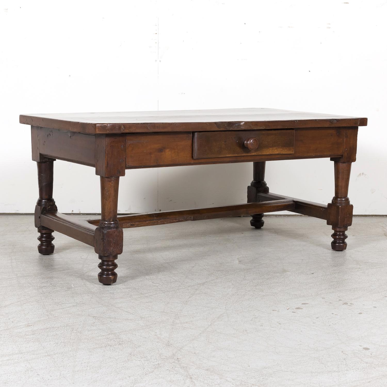 18th Century French Country Solid Walnut Coffee Table with Drawer 1