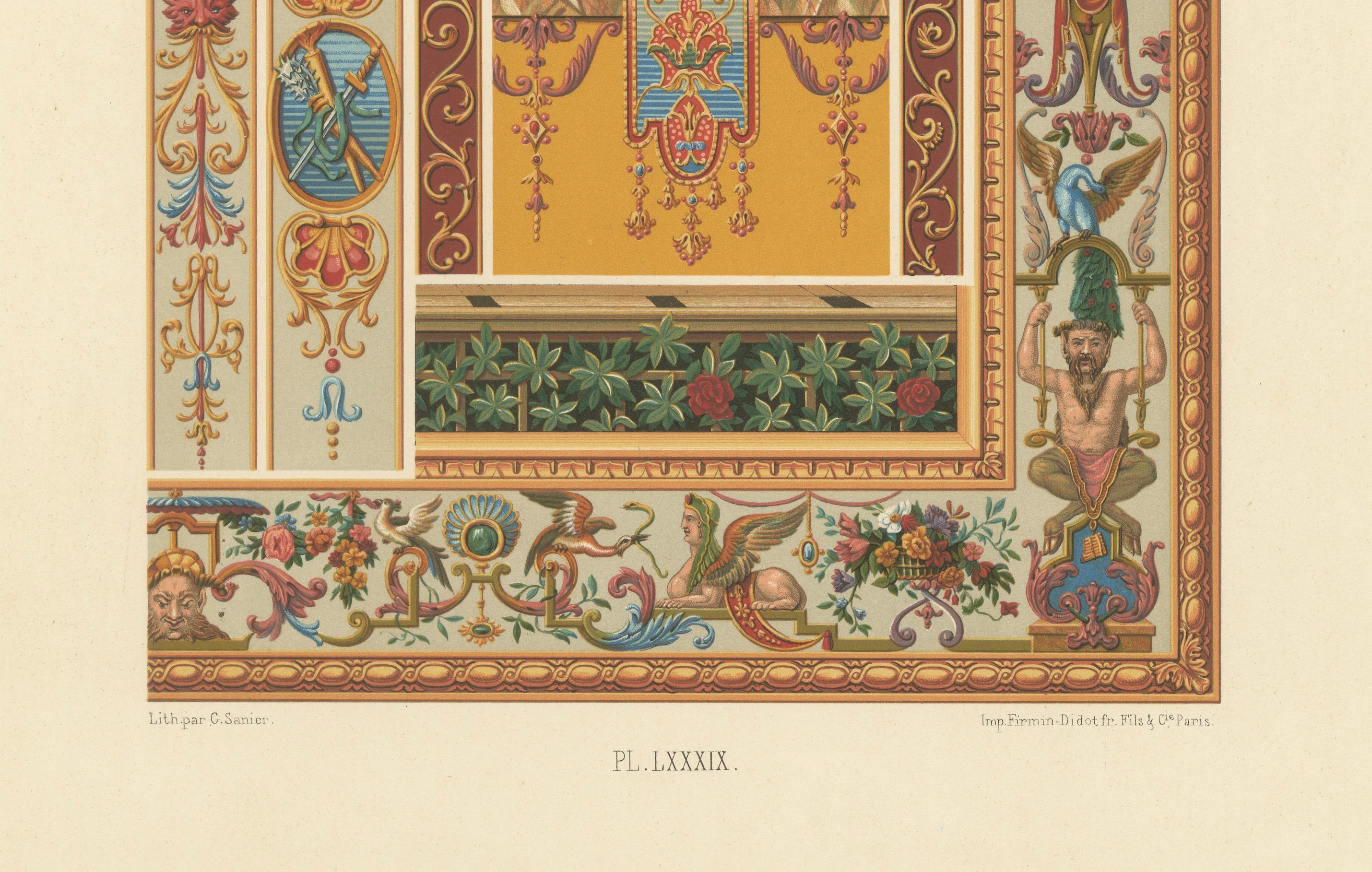 Panneaux décoratifs français du XVIIIe siècle - Motifs néoclassiques et chinoiseries, planche LXXXIX

Cette chromolithographie richement détaillée, la planche LXXXIX de *L'Ornement Polychrome*, présente une série de panneaux décoratifs français du