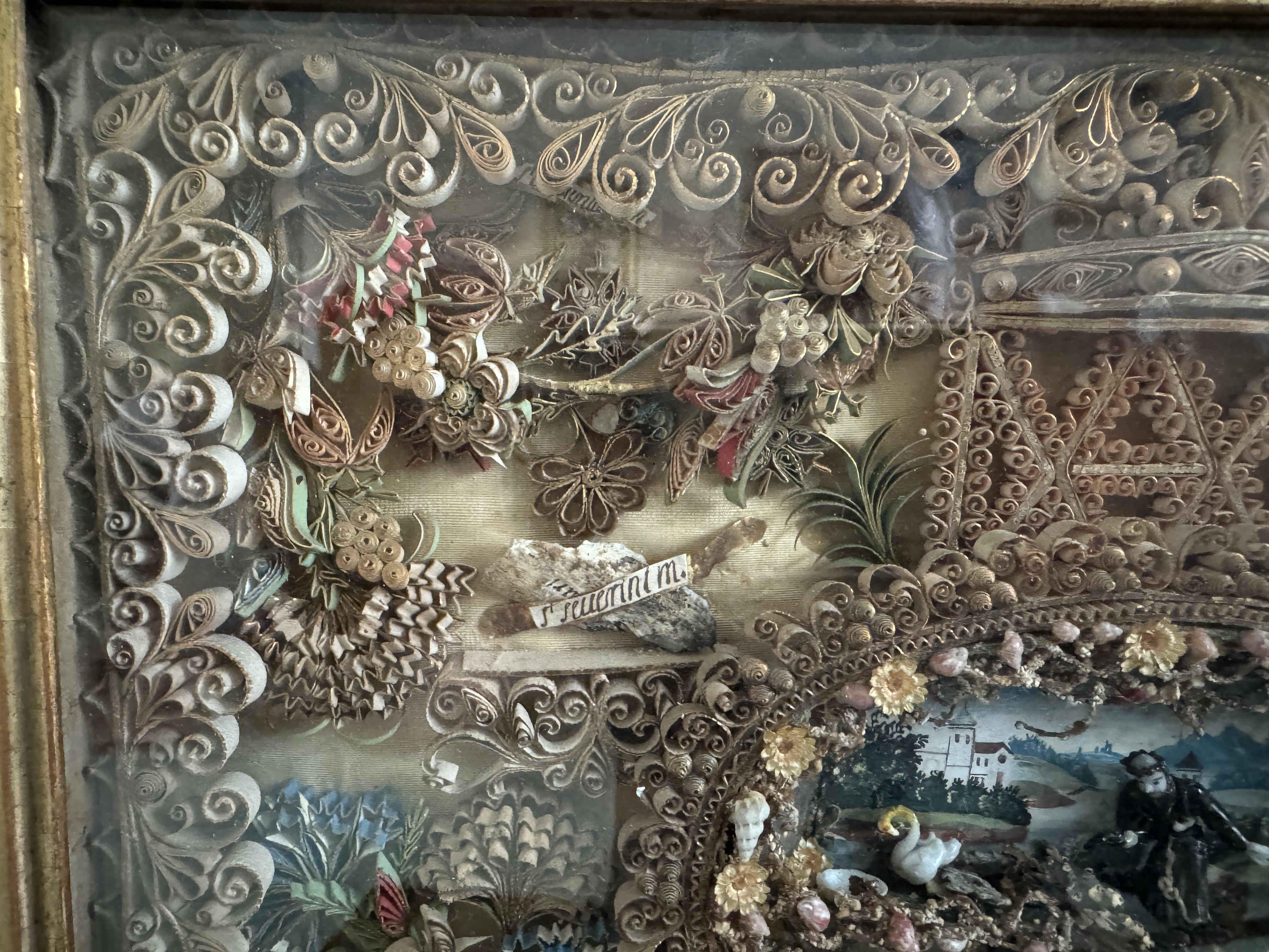 Hand-Crafted 18th Century French Devotional Shadow Box with Nevers Glass Figures  For Sale