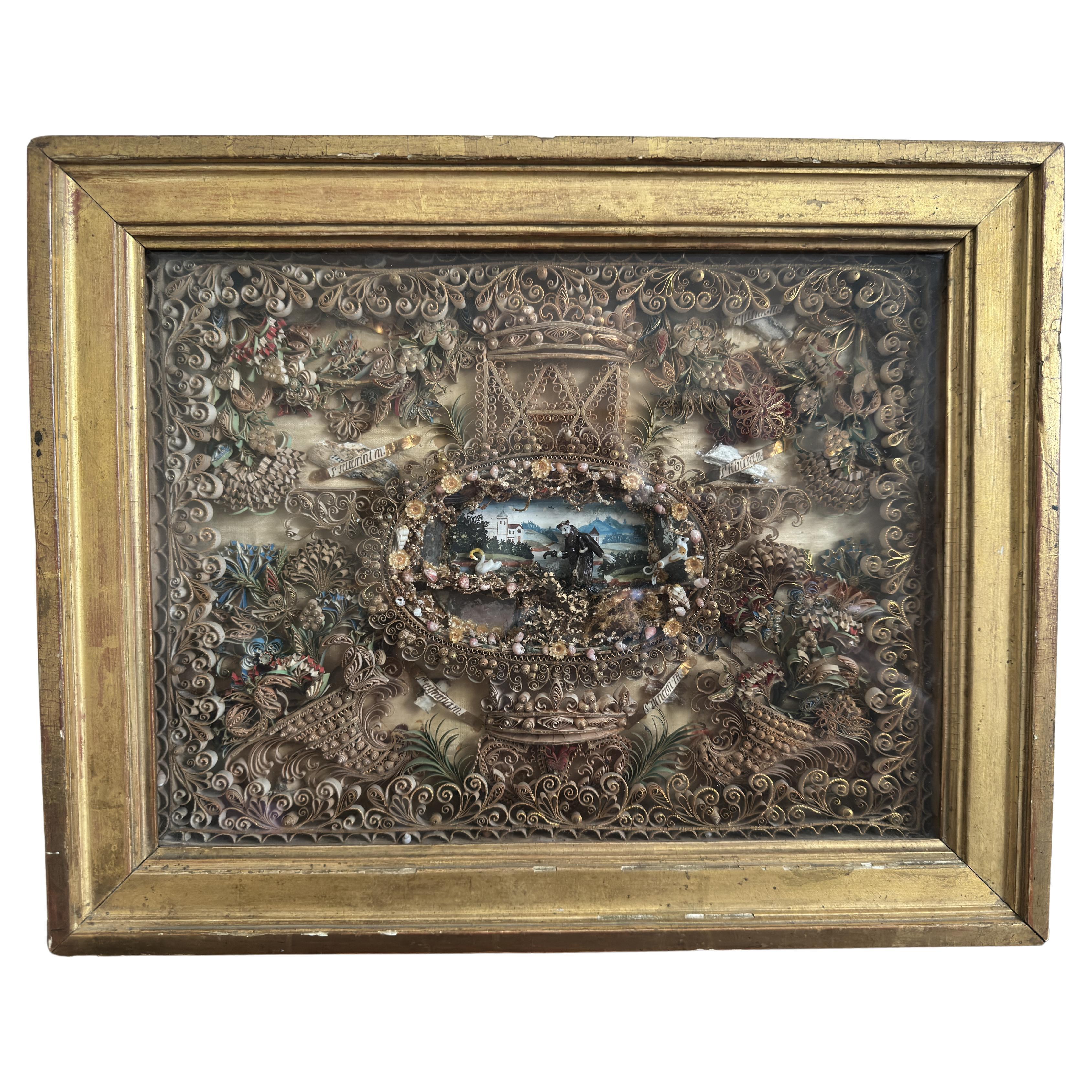 18th Century French Devotional Shadow Box with Nevers Glass Figures  For Sale