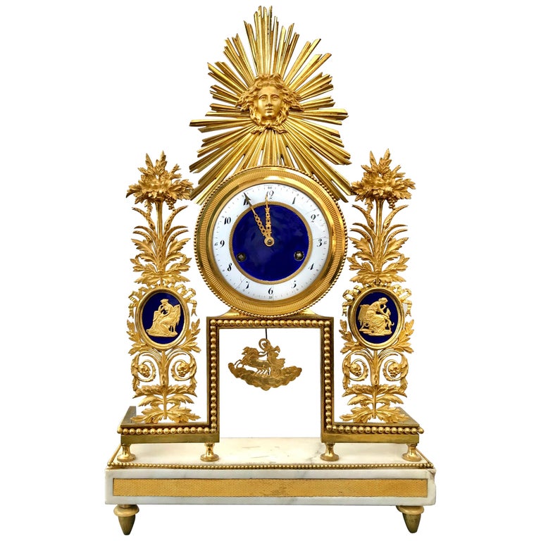 18th Century French Directoire Ormolu and Enamel Clock by Deverberie For Sale