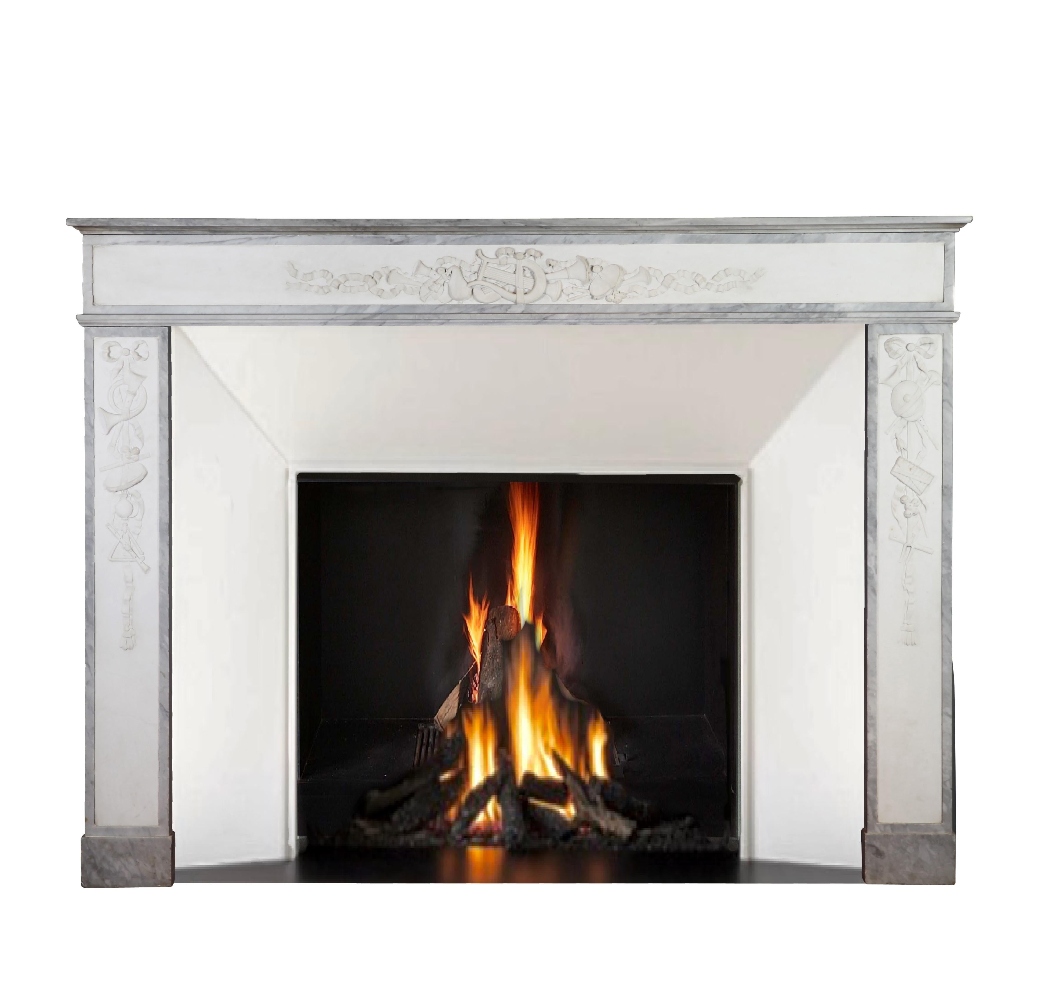 Empire French Antique Classical Fireplace in Bleu Turquin and Statuary Marble For Sale