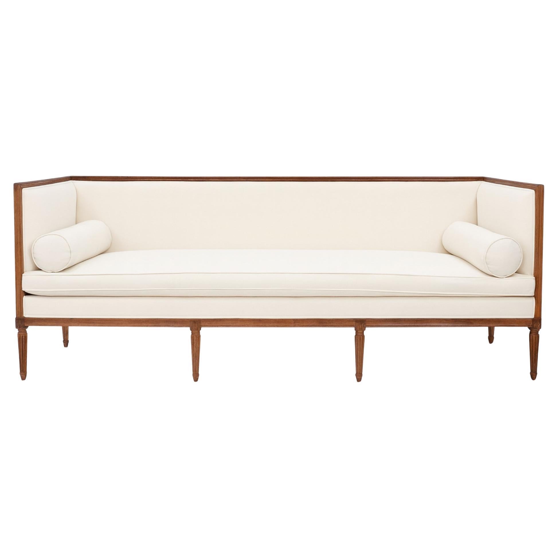 18th Century French Directoire Sofa in Walnut and Cream Upholstery