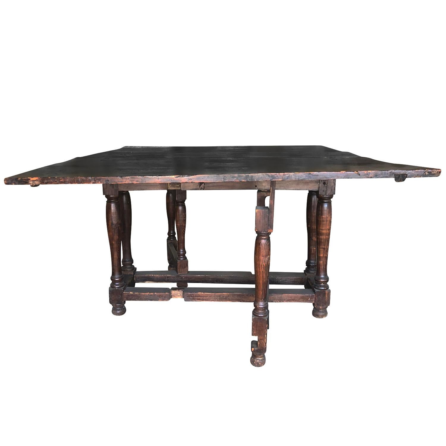 Hand-Carved 18th Century French Rustic Walnut Drop-Leaf Table - Antique Farmhouse Table For Sale