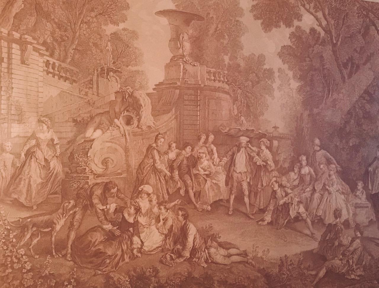 Il s'agit de l'une des meilleures gravures baroques réalisées par le remarquable graveur français C.N. Cochin (1715-1790). Il a été employé par le roi français Louis XV qui le considérait comme le maître graveur. La gravure aux tons sépia est