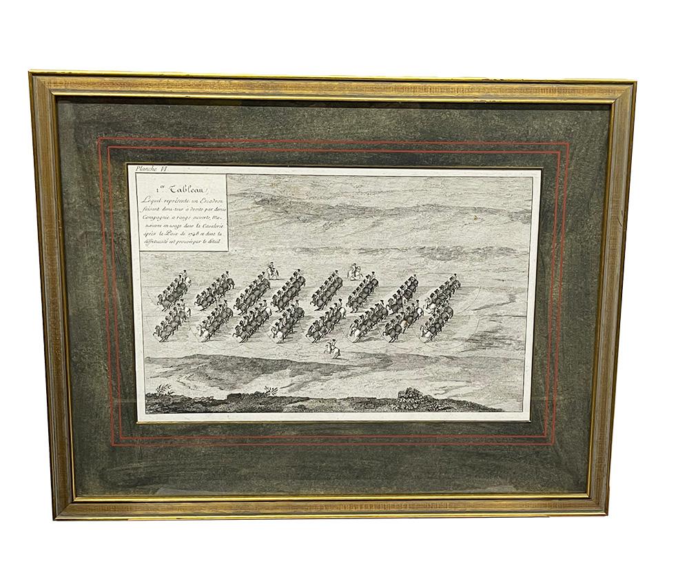 Französische Gravur eines Geschwaders aus dem 18. Jahrhundert von Blarenberghe

Kupferstiche von Louis Nicolas van Blarenberghe, Franzose 1716-1794. In vier Tableaus
(Tableau 1) Stellt eine Schwadron dar, die mit einer halben Kompanie in offener
