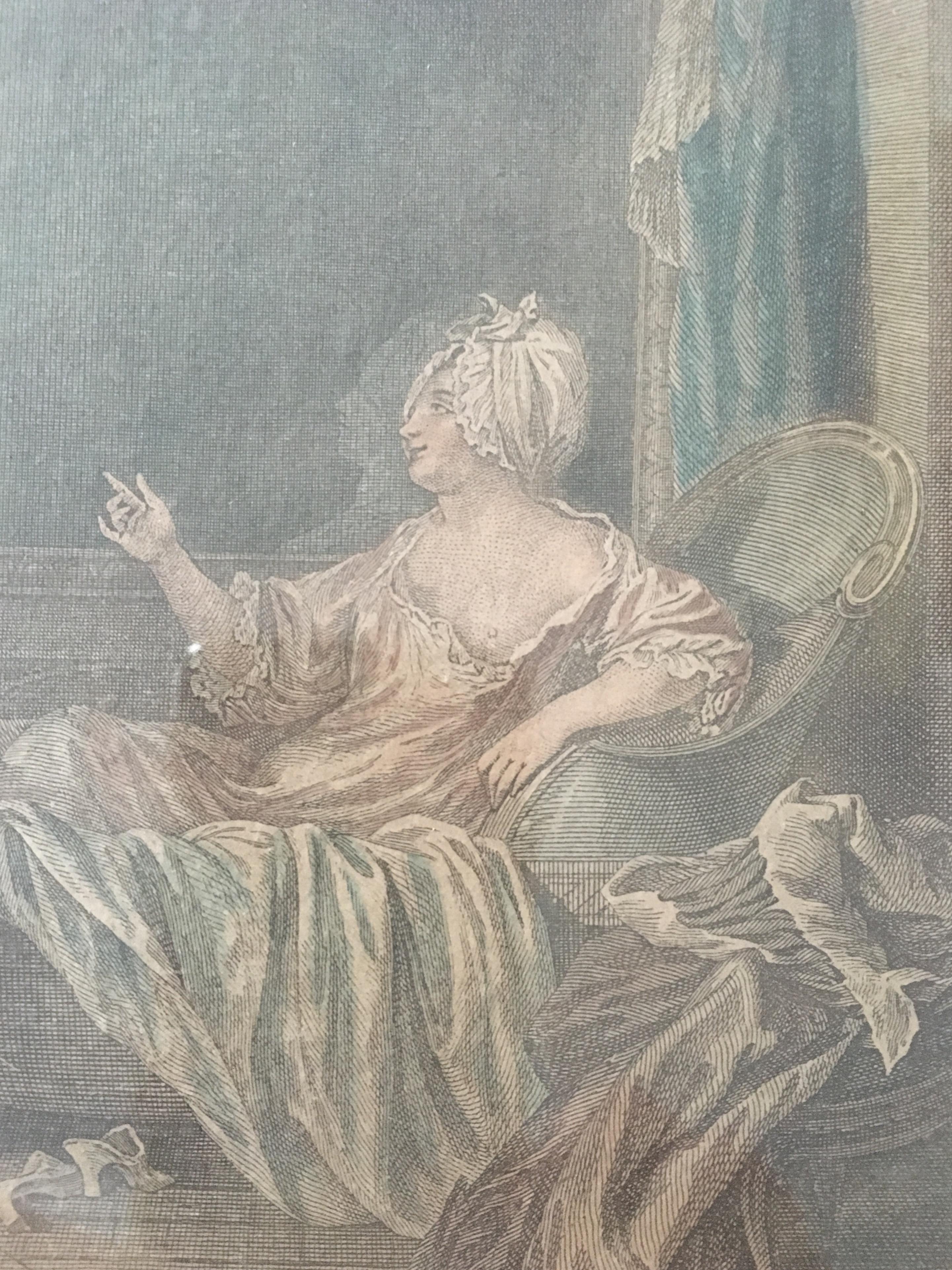 This engraving print depicts a royal luxury of a lady bathing and another woman, both in period French costumes. A stunning print exhibiting the best of French Rococo art. Very rare engraving with plate coloring, on a verge type hand laid paper.