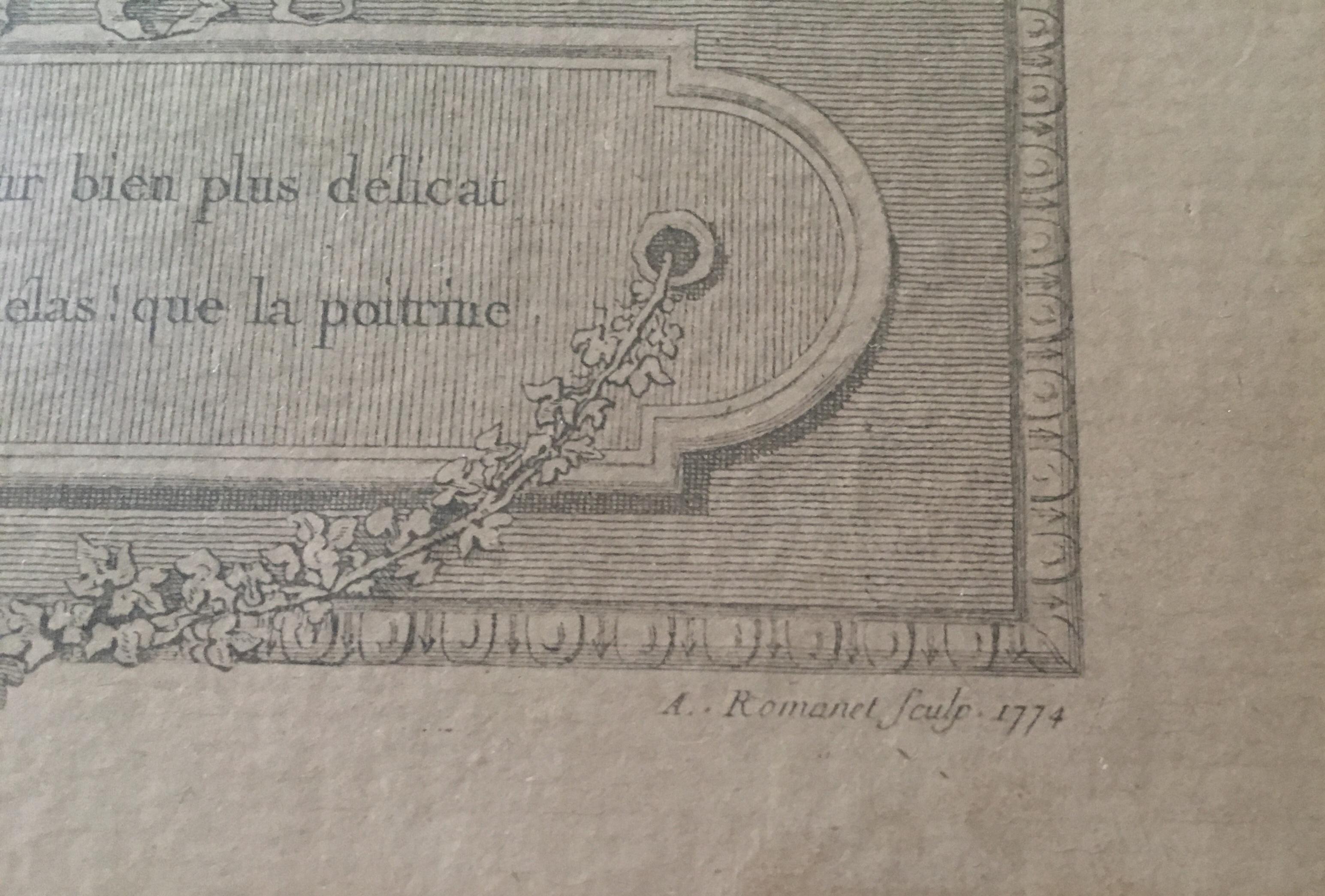 18th Century and Earlier 18th Century French Engraving Print Signed A. Romanet Dated 1774