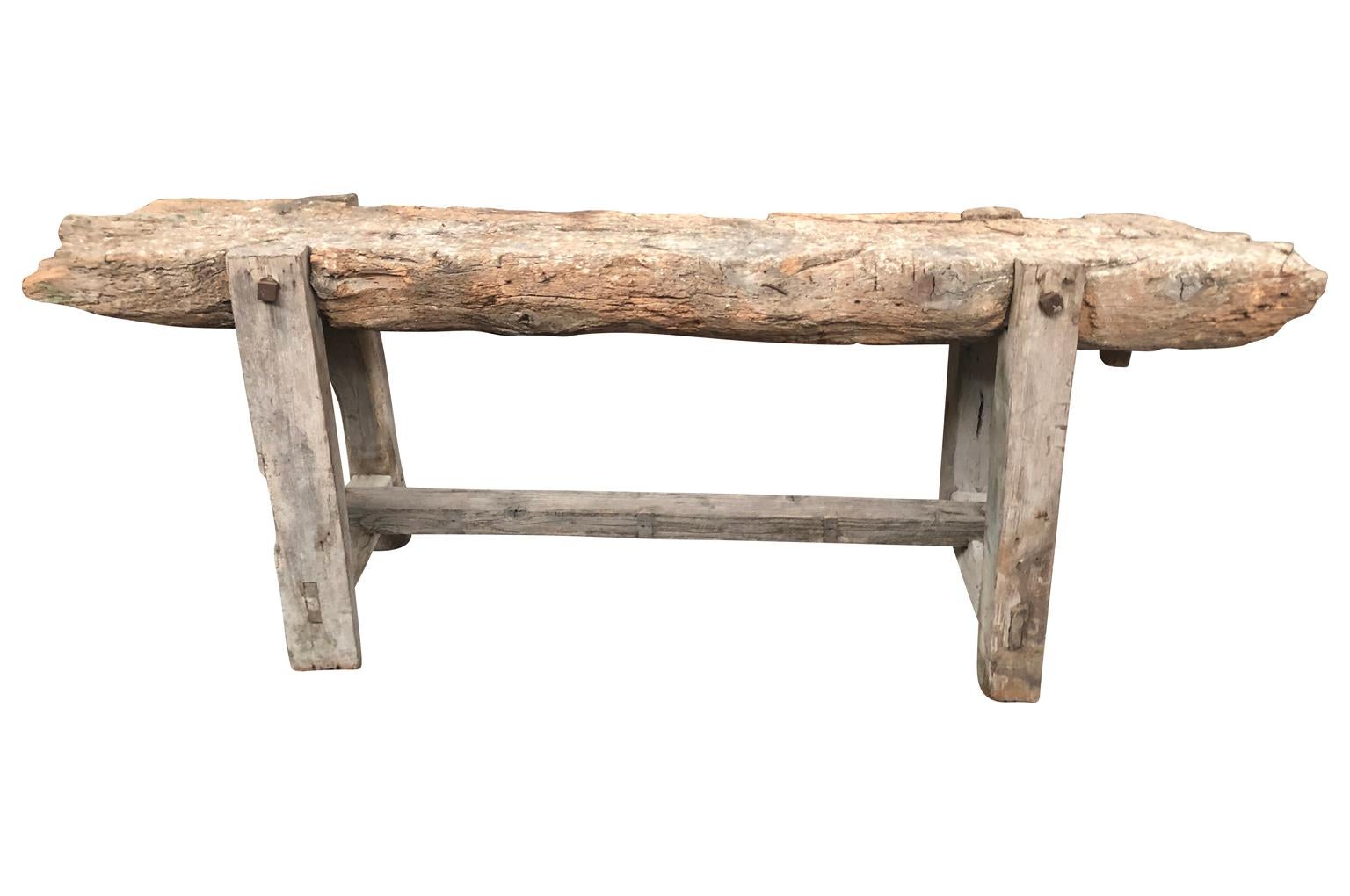 A very charming and Primitive French 18th century Etabli - work bench in naturally washed pine and oak. This piece has been well loved and remains very stabile. Perfect as a narrow console or sofa table.